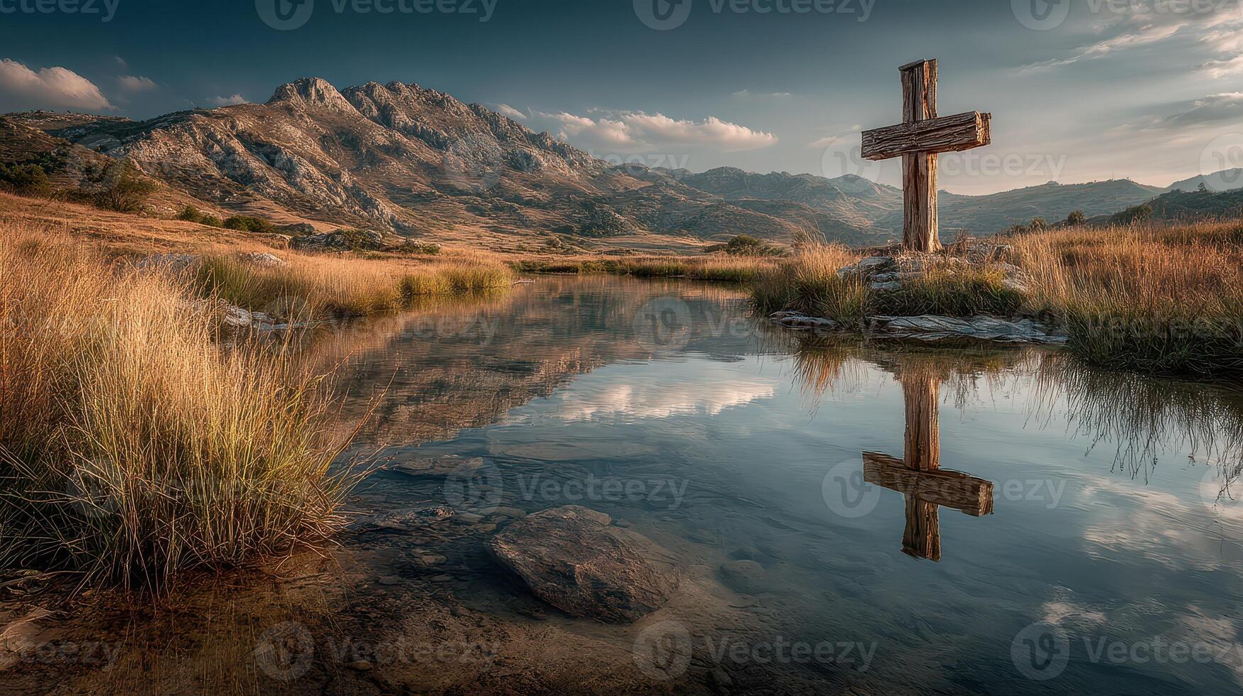Wooden cross stands by the tranquil pond reflecting the majestic mountains at sunset in a serene landscape photo