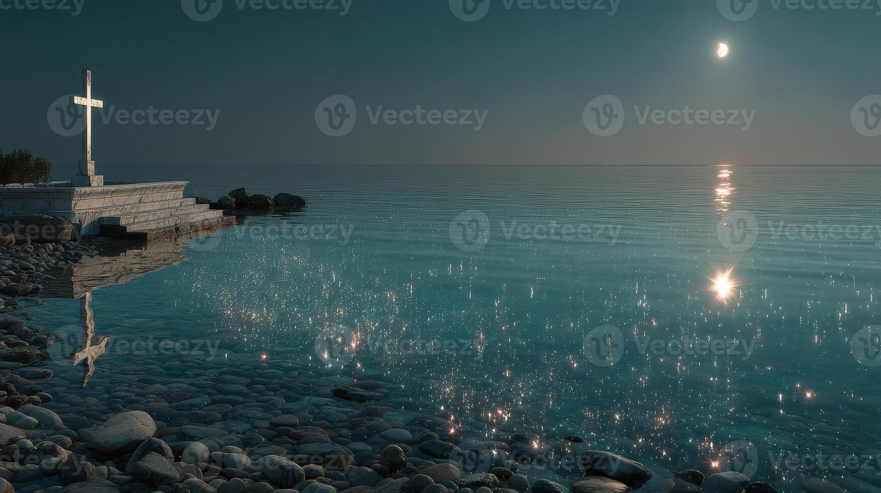 Sparkling water under moonlight by a cross on the shore at twilight photo