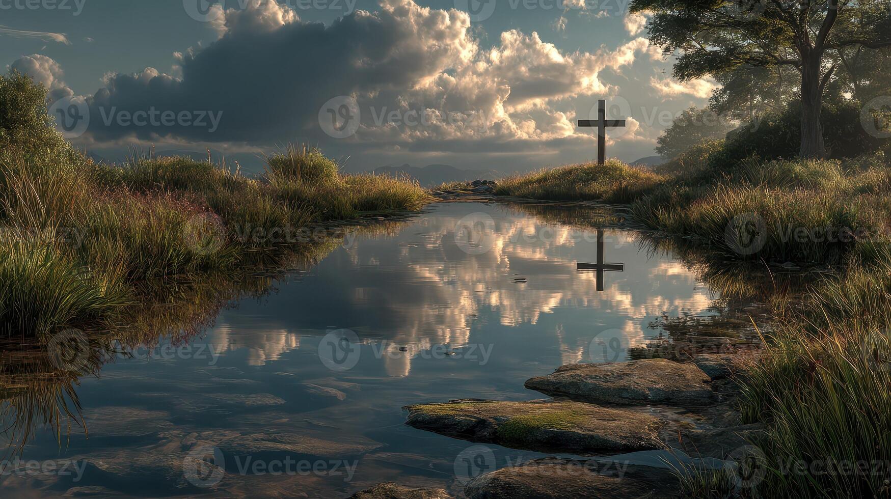 Beautiful reflection of a cross at sunset in a serene landscape with a pond and grassy surroundings photo