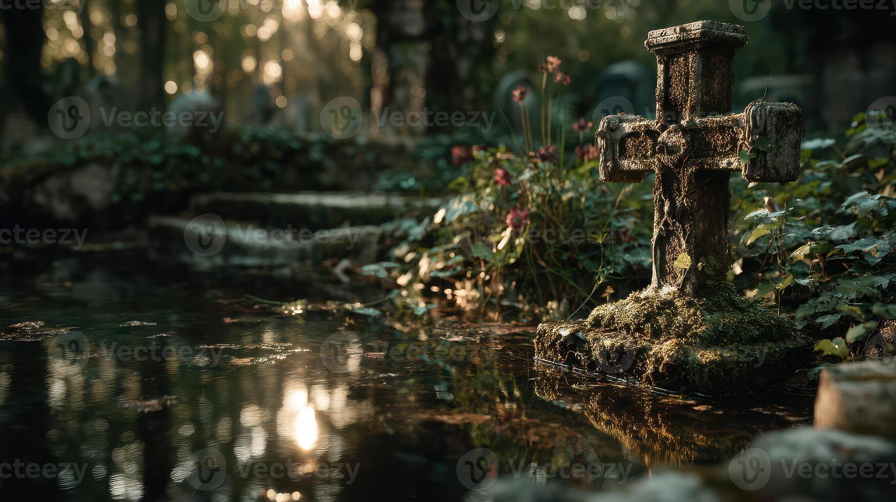 Old stone cross near a tranquil pond in an overgrown cemetery at sunset, surrounded by nature's beauty photo