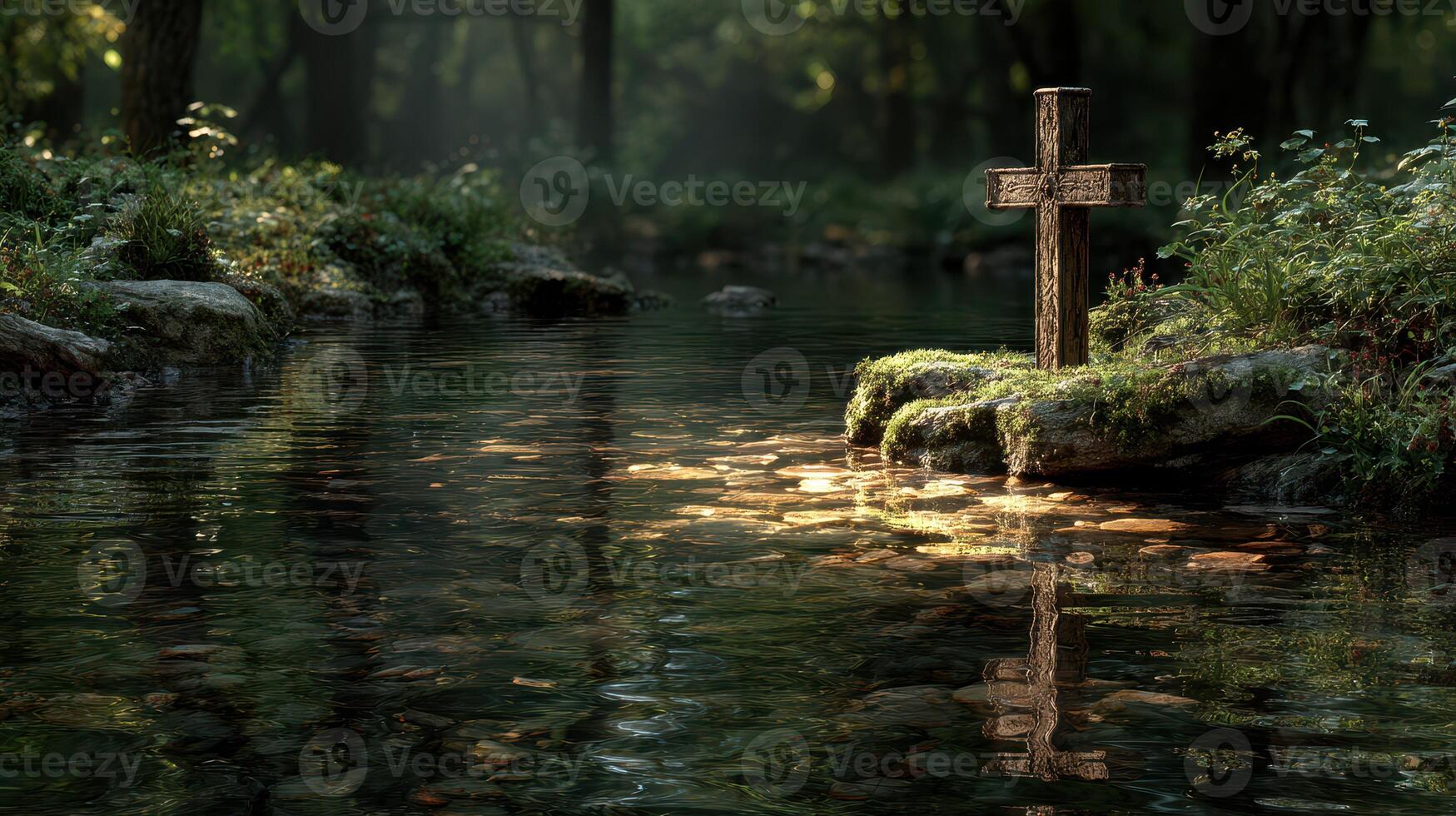 Reflections of serenity at a cross by a tranquil stream in an enchanting forest setting photo