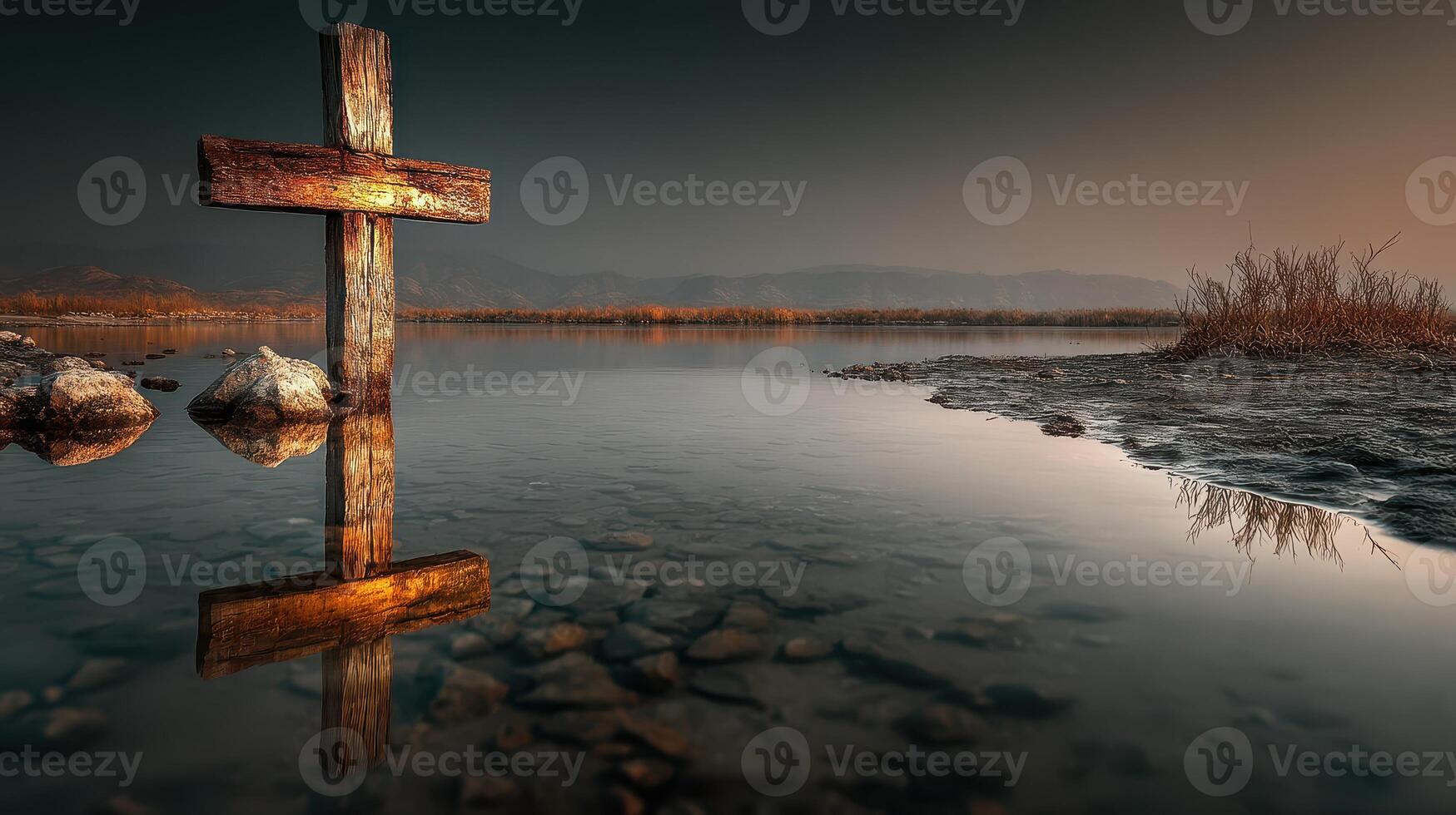 Wooden cross reflects in calm water at dusk near a riverbank surrounded by gentle hills photo