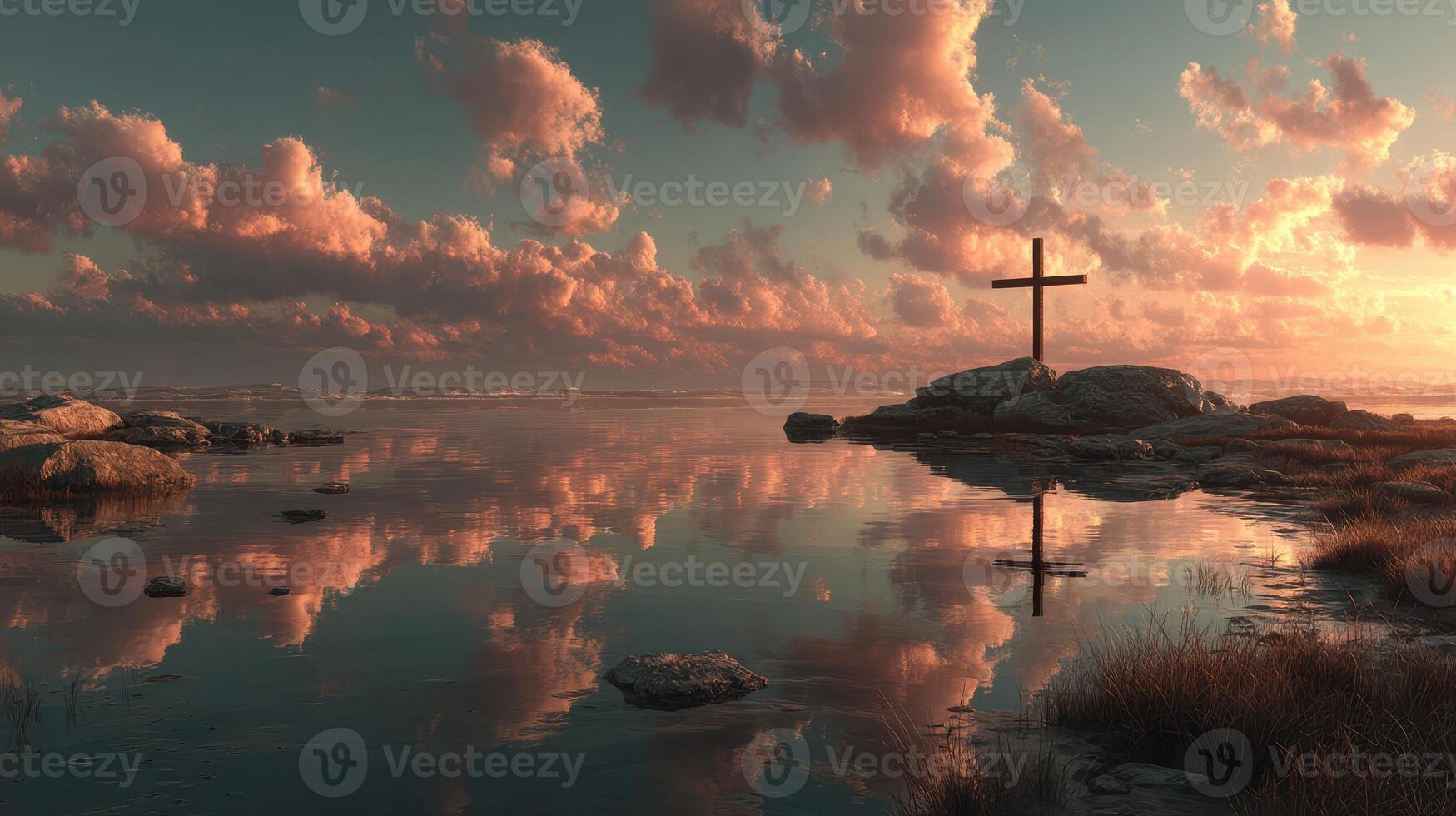 Beautiful sunset over calm waters with cross on rocks reflecting in the water at a serene location photo