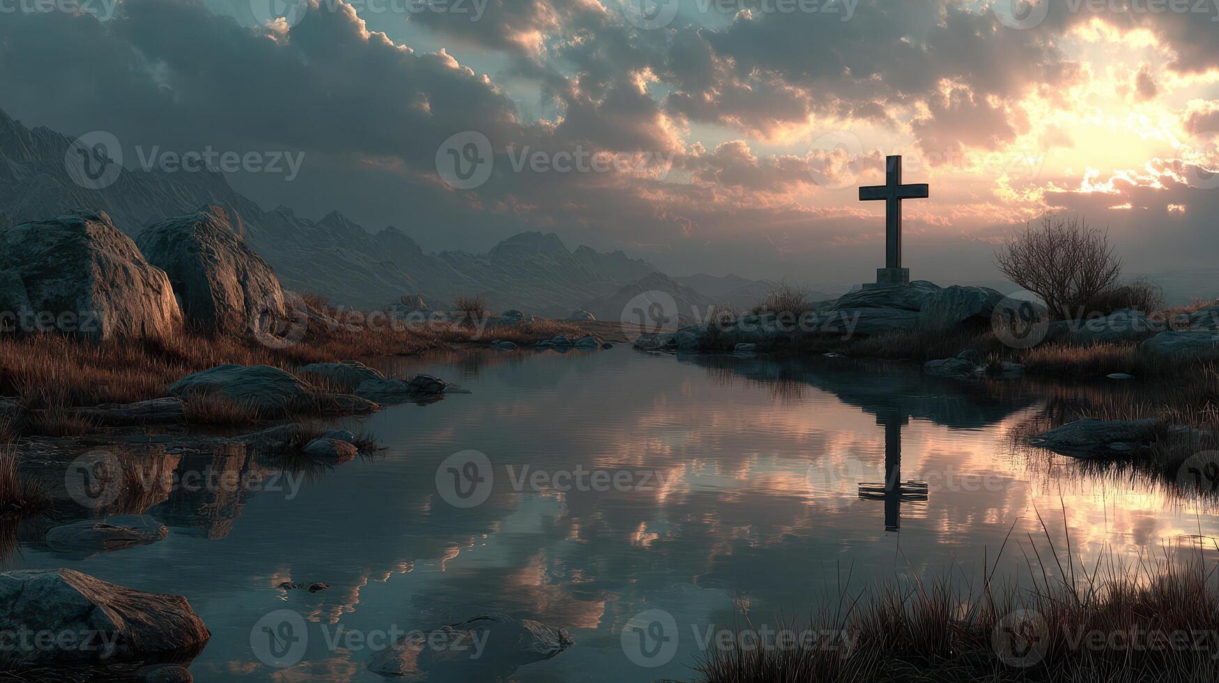 Serene landscape with a cross at sunset reflecting in calm waters surrounded by rocky terrain photo
