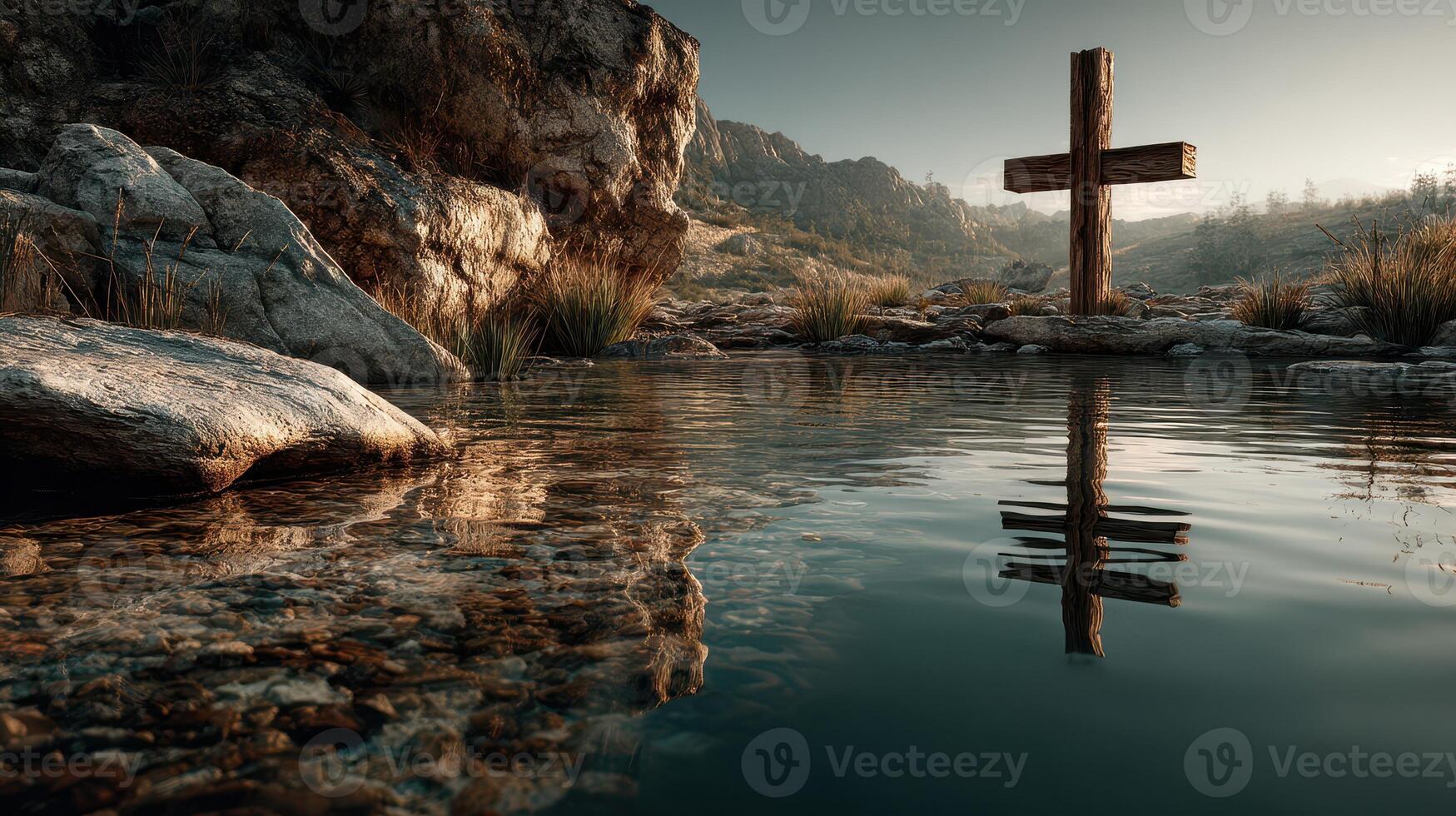 Serene landscape with wooden cross by tranquil water during early morning light in a mountainous area photo