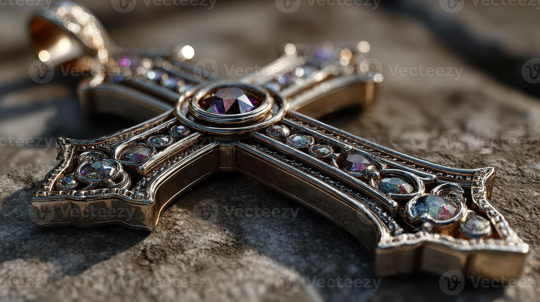 Detailed close-up of a decorative cross pendant resting on a stone surface, highlighting intricate metalwork and gemstones photo