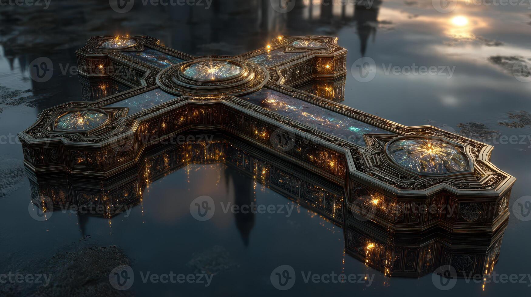 Stunning architectural cross reflected in calm waters at dawn with intricate designs and a mystical ambiance photo