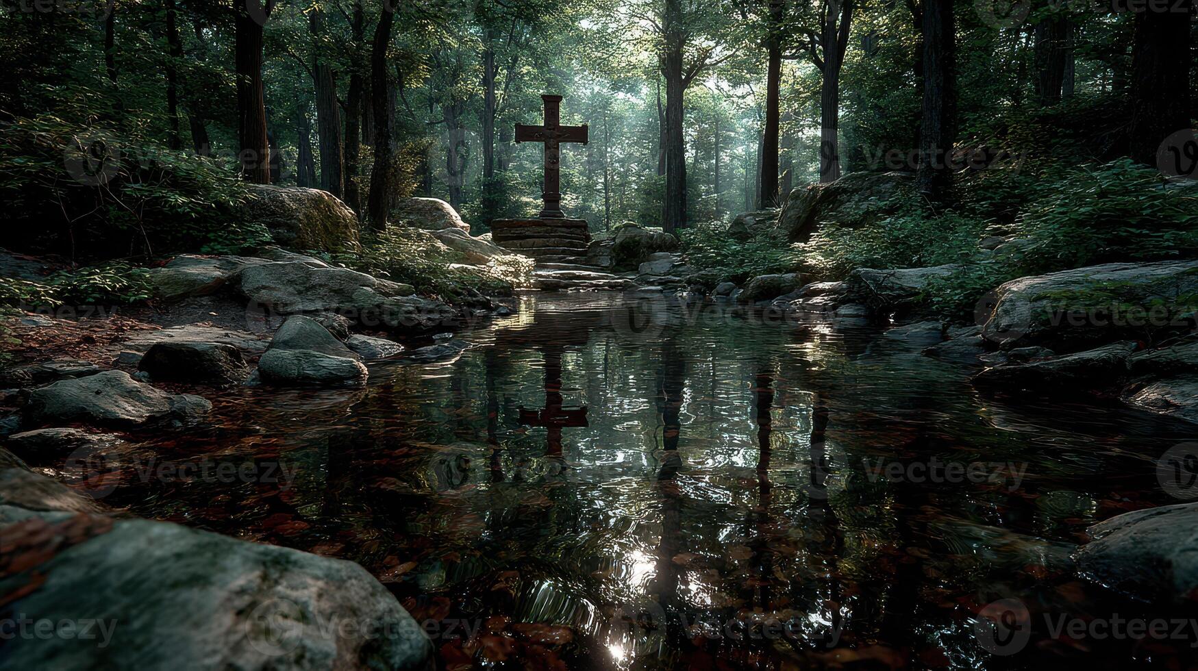 Reflection of a wooden cross above a serene pond in a peaceful forest setting during soft sunlight photo