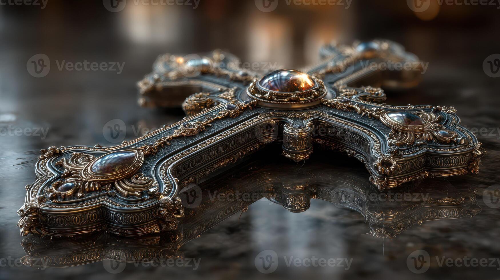Ornate silver cross with intricate details displayed on a polished surface in a serene setting photo
