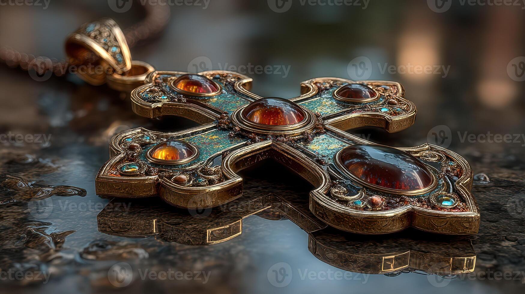 Glistening ornate cross pendant adorned with gemstones resting on a reflective surface in soft natural light photo