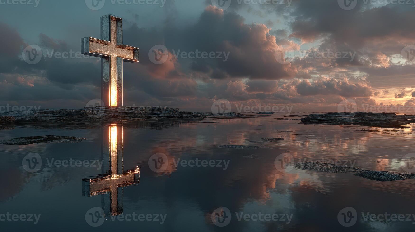 Serene cross reflection at sunset over calm water with clouds in the background photo