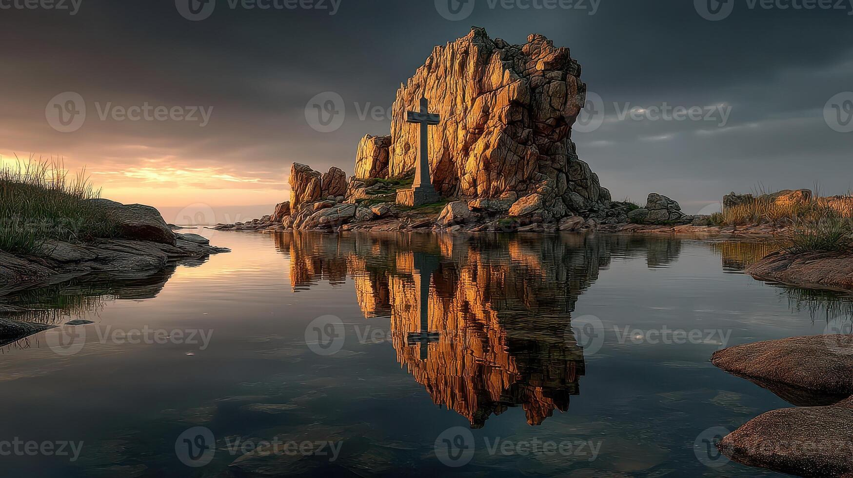 Serene sunset reflecting on serene waters near a rocky formation with a cross at the coastline photo