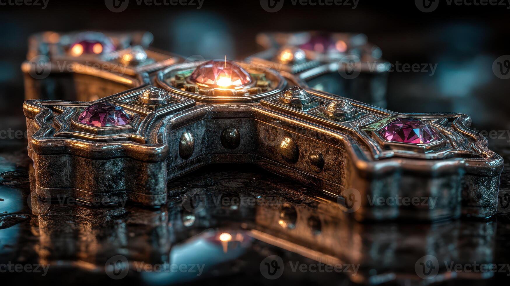 Intricate metallic cross with gemstones resting on a glossy surface in soft lighting photo