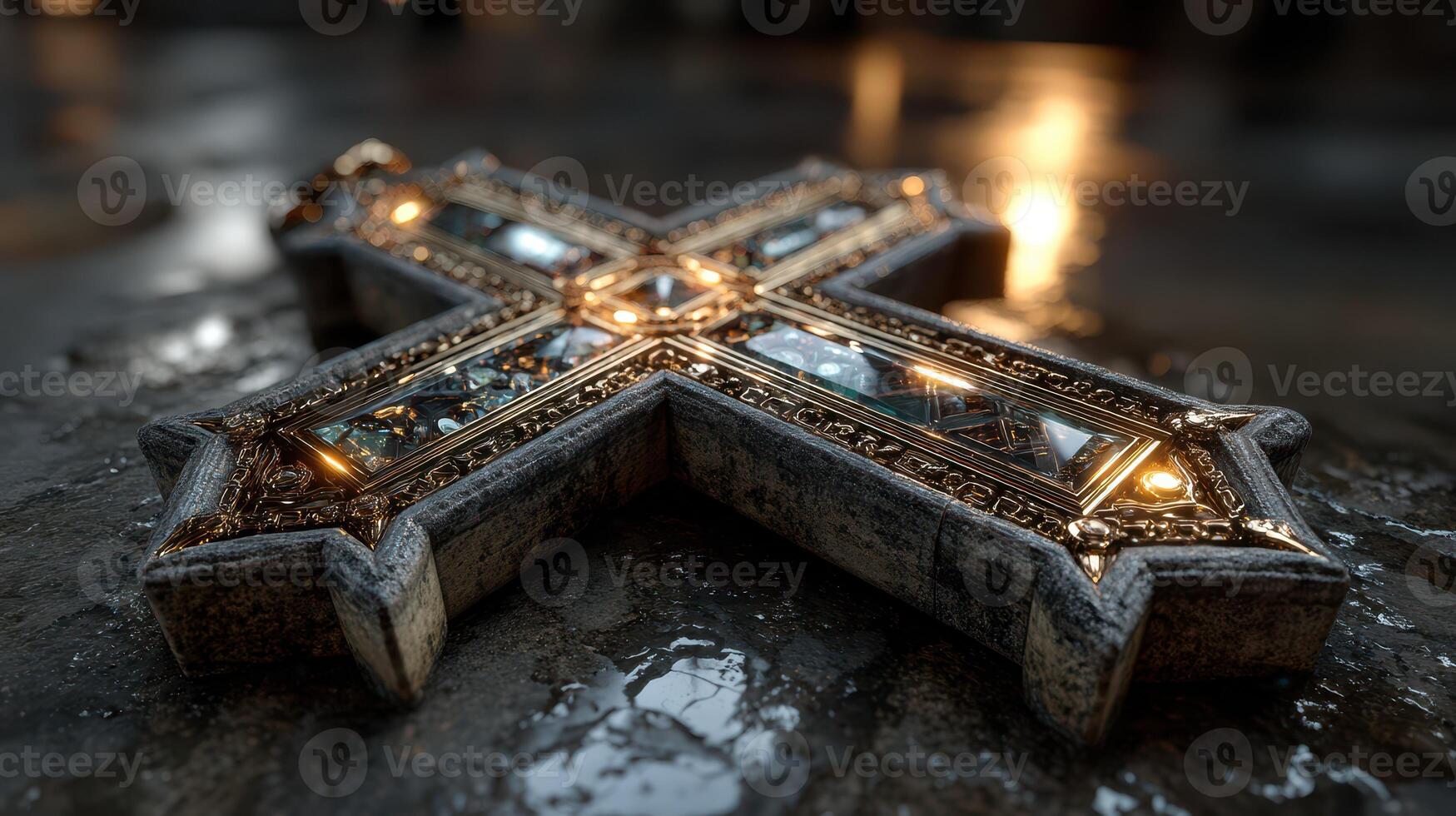 Ornate cross resting on a wet surface with reflections during dim lighting in an ancient setting photo