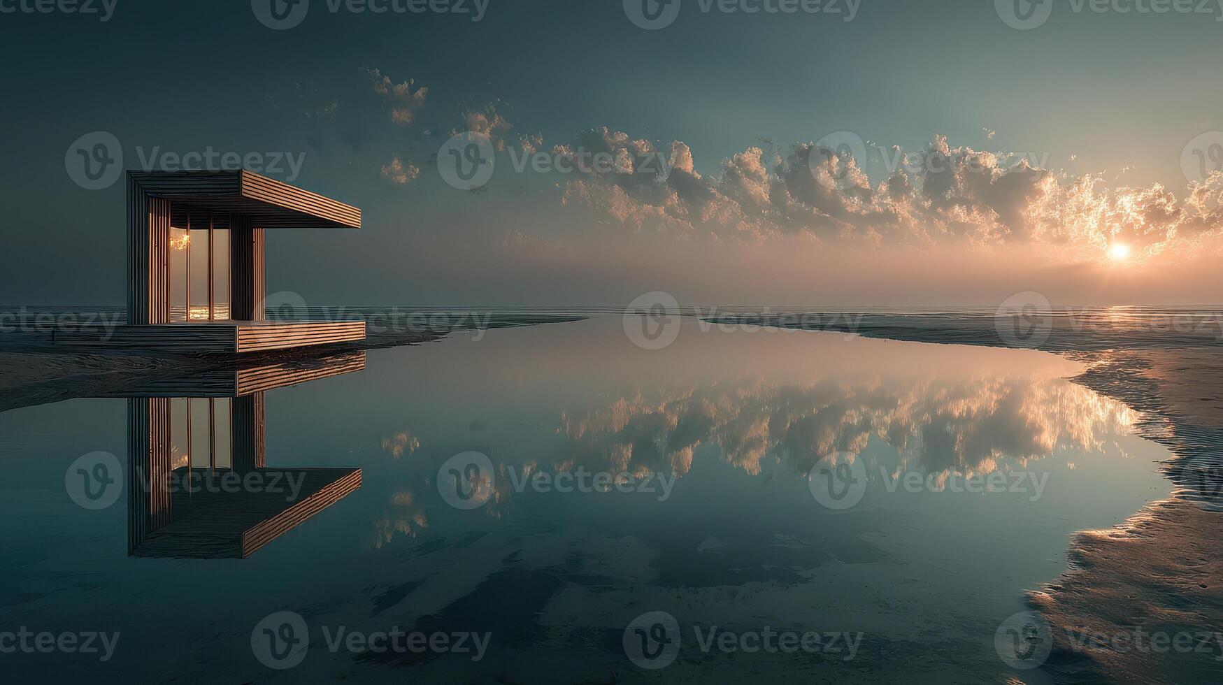 Modern structure reflects in calm waters at sunrise near coastal landscape photo