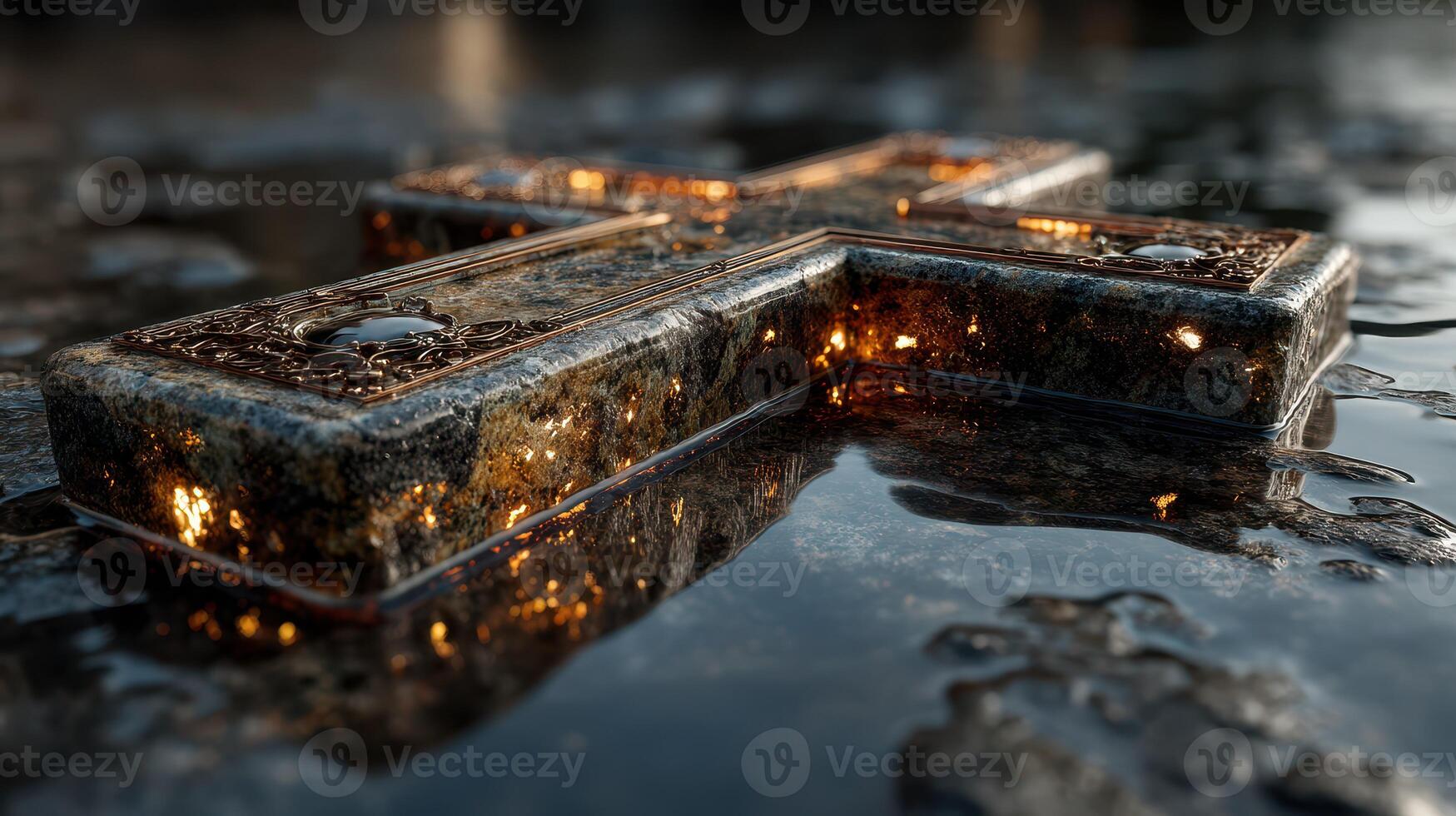 Intricate stone cross illuminated on a reflective surface at dusk, highlighting detailed craftsmanship and spiritual significance photo