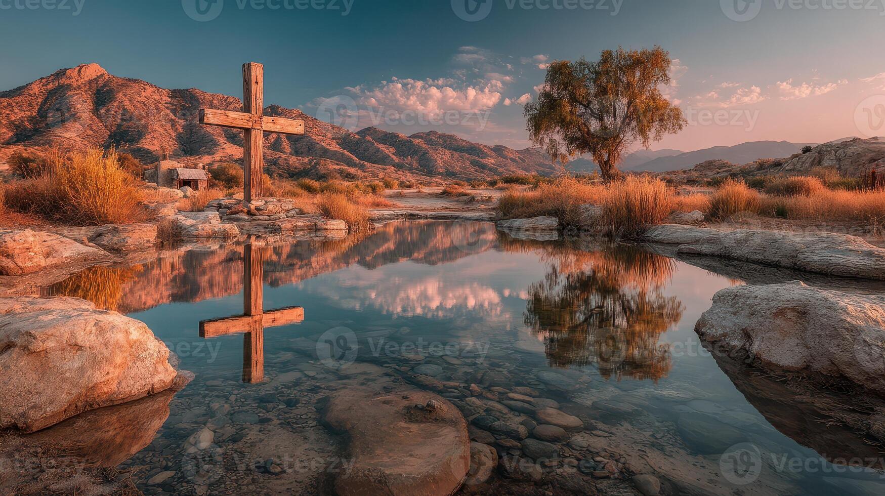 Reflection of a wooden cross in tranquil waters surrounded by mountains during a serene sunset photo