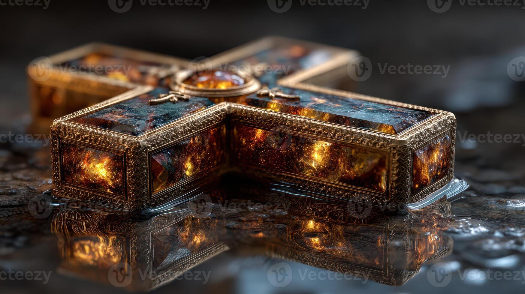 Cross resting on a reflective surface with intricate details showcasing craftsmanship and design photo