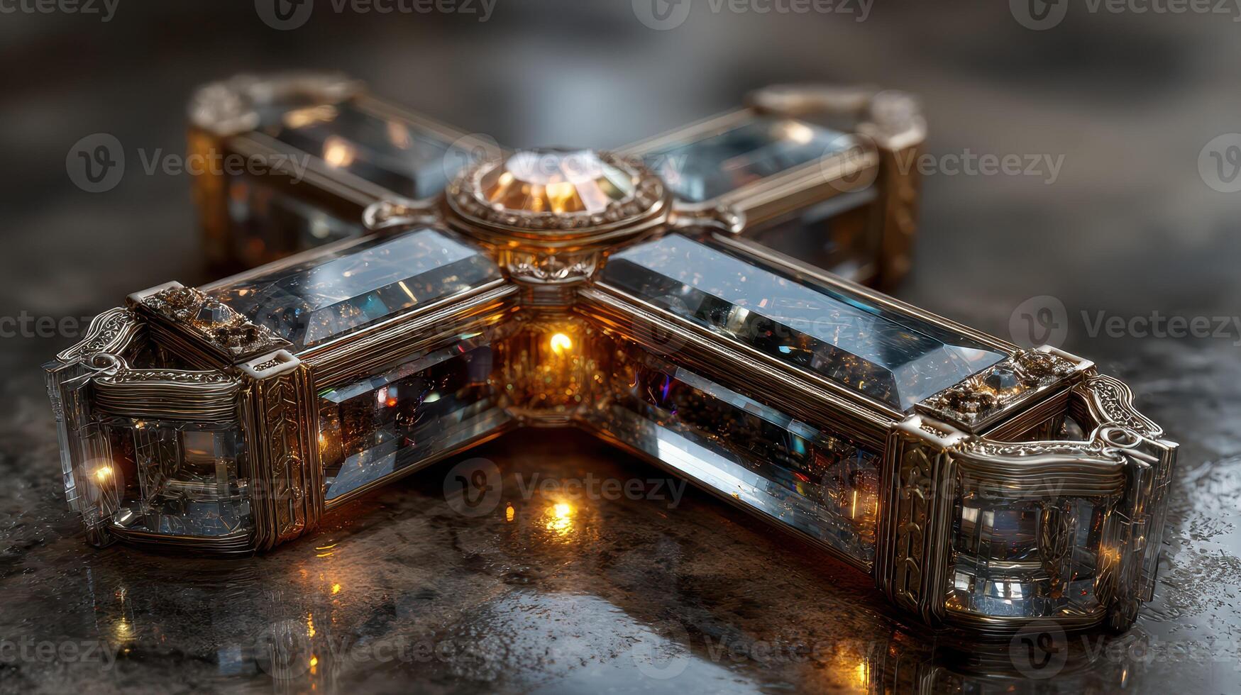 Elaborate crystal cross with intricate detailing illuminated by soft light on a reflective surface photo