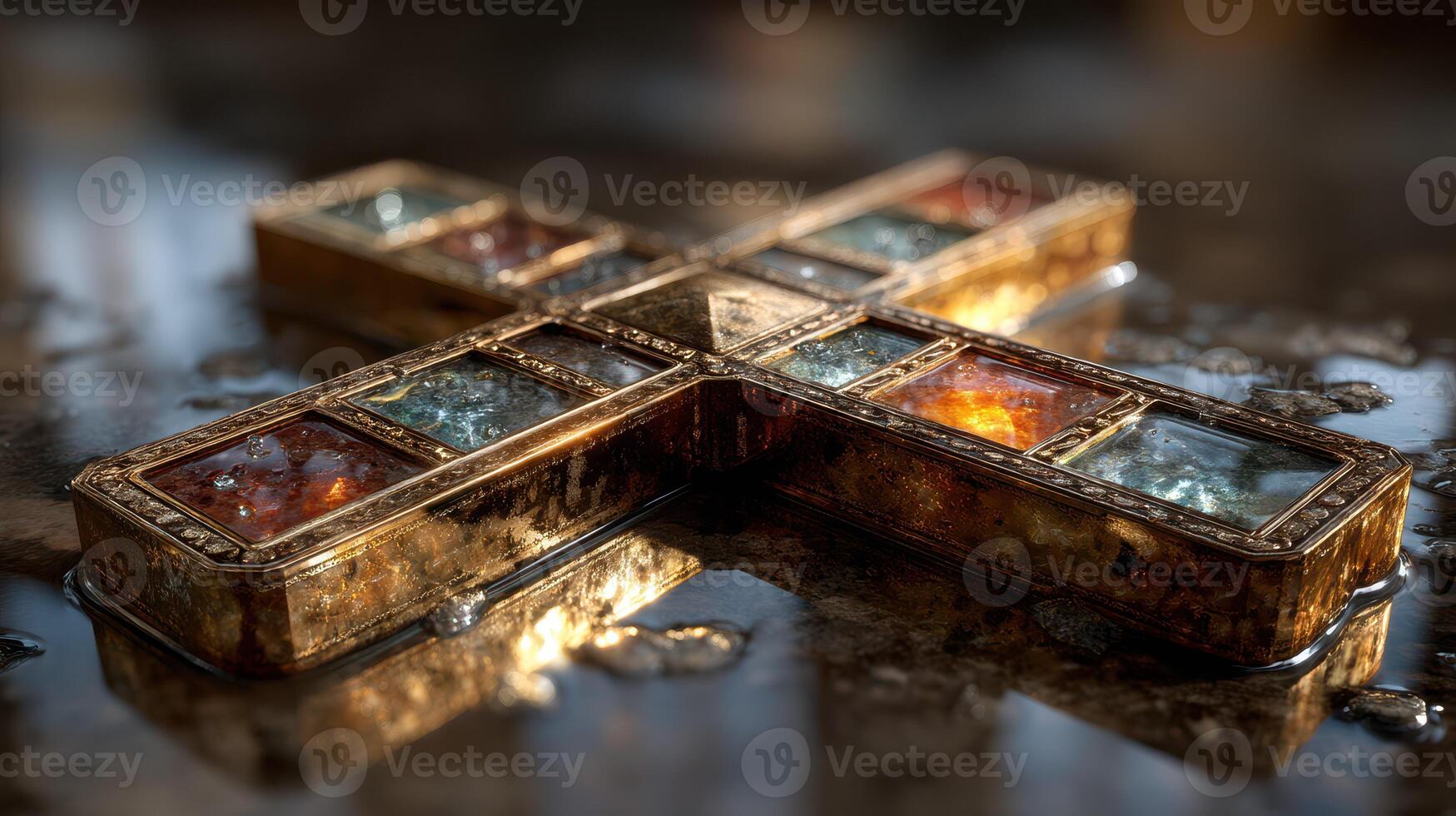 Decorative metallic cross with intricate design resting on a reflective surface photo