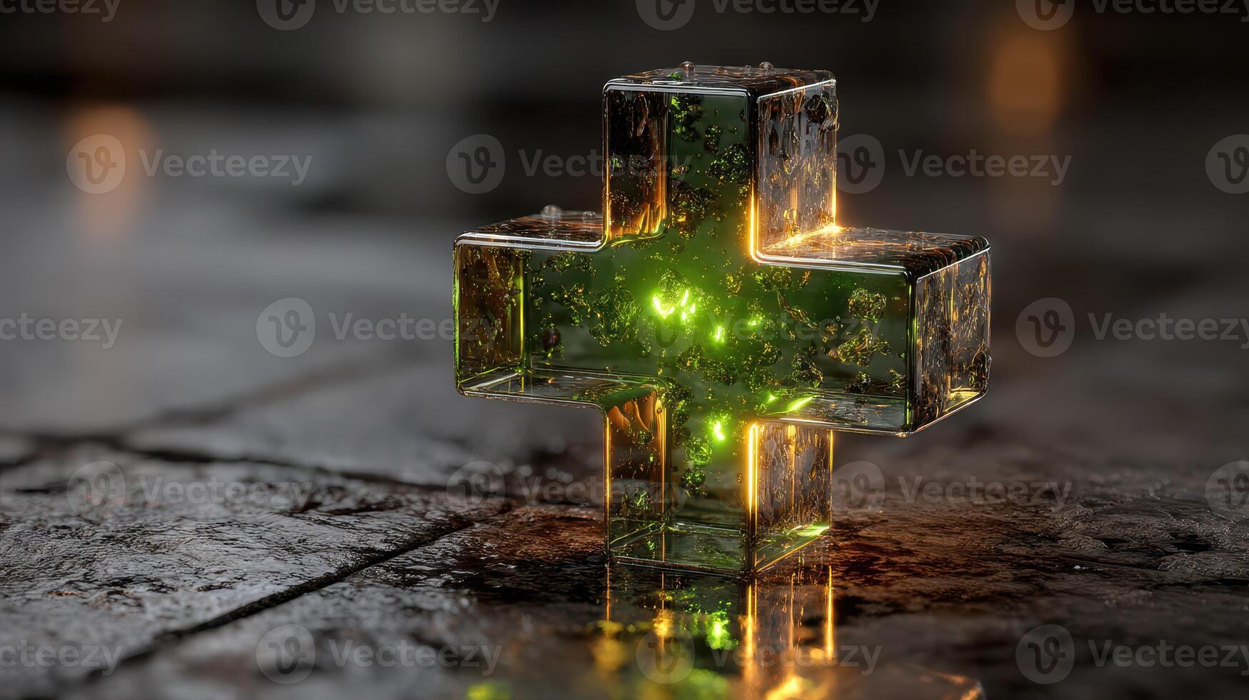 Green glowing crystal cross illuminated in a reflective environment photo