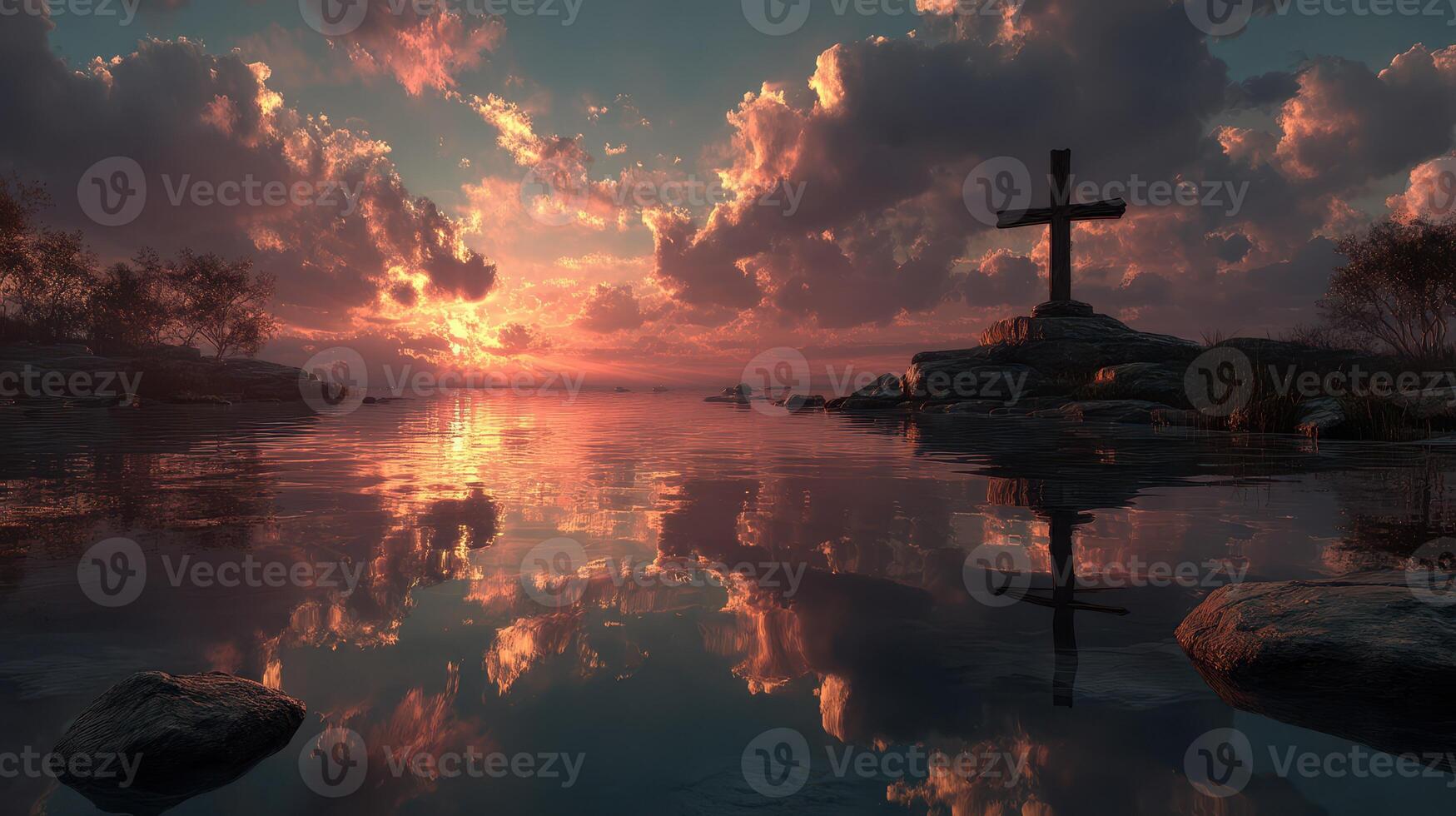 Sunset reflection at a tranquil lake with a cross on a rocky shore photo