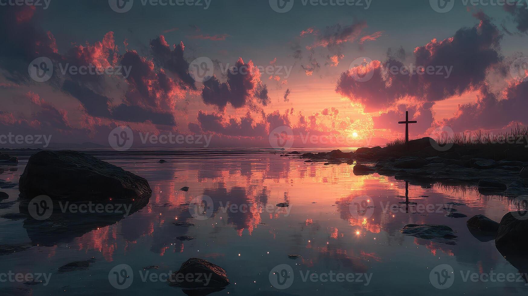 Stunning sunset casts vibrant colors over tranquil waters with a cross silhouetted on the shore photo