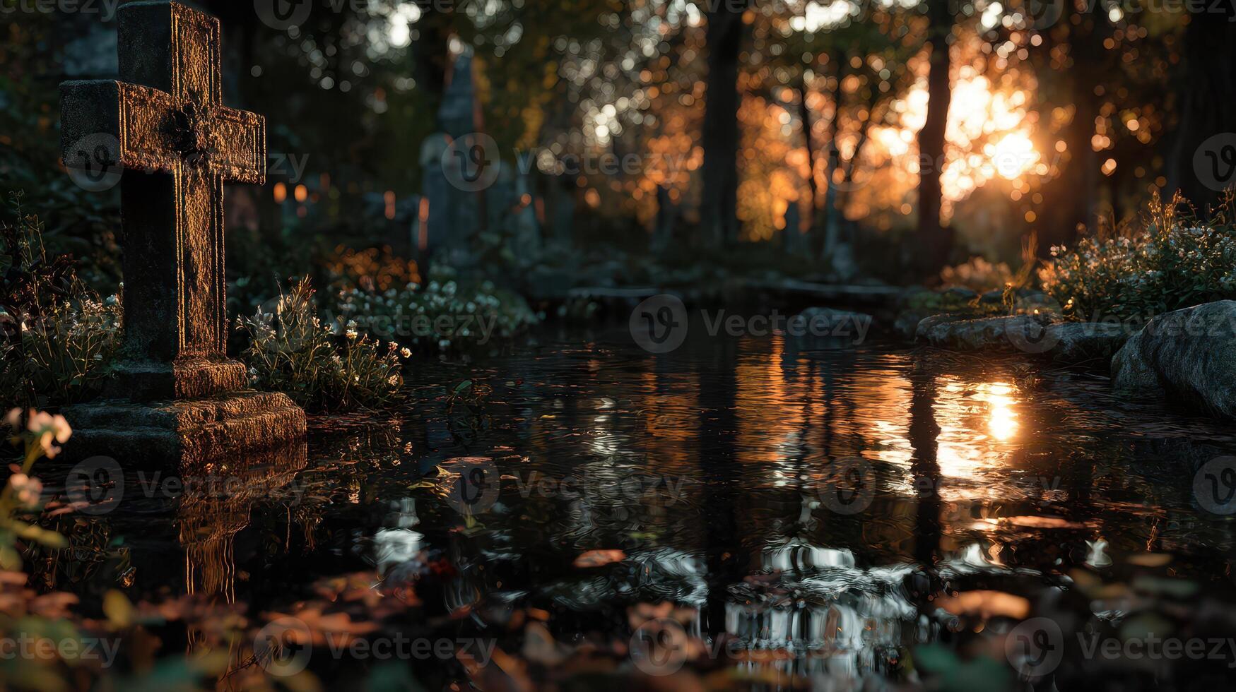 Cemetery at dusk with sunlight reflecting on water, creating a serene atmosphere filled with tranquility and remembrance photo