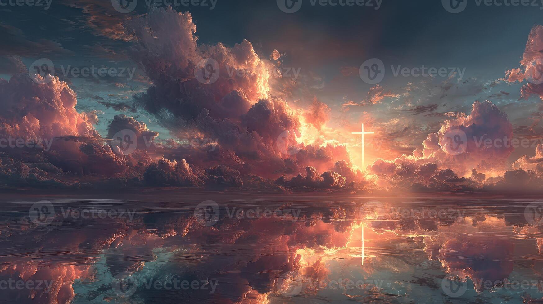Stunning sunset over a calm lake with clouds reflecting brilliant colors and a cross appearing in the sky during dusk photo