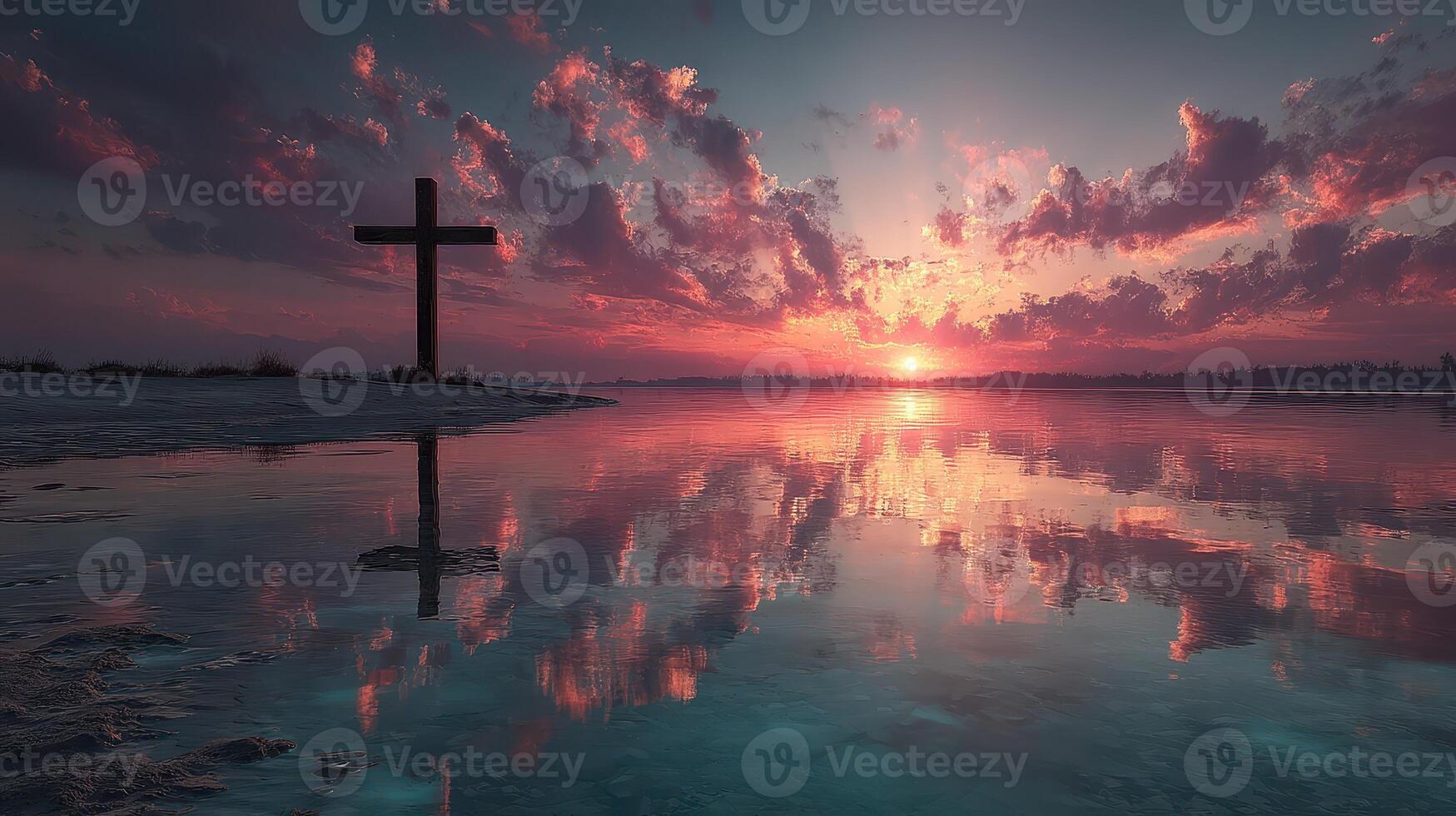 Sunset reflection over water with cross silhouette in serene landscape at dusk photo