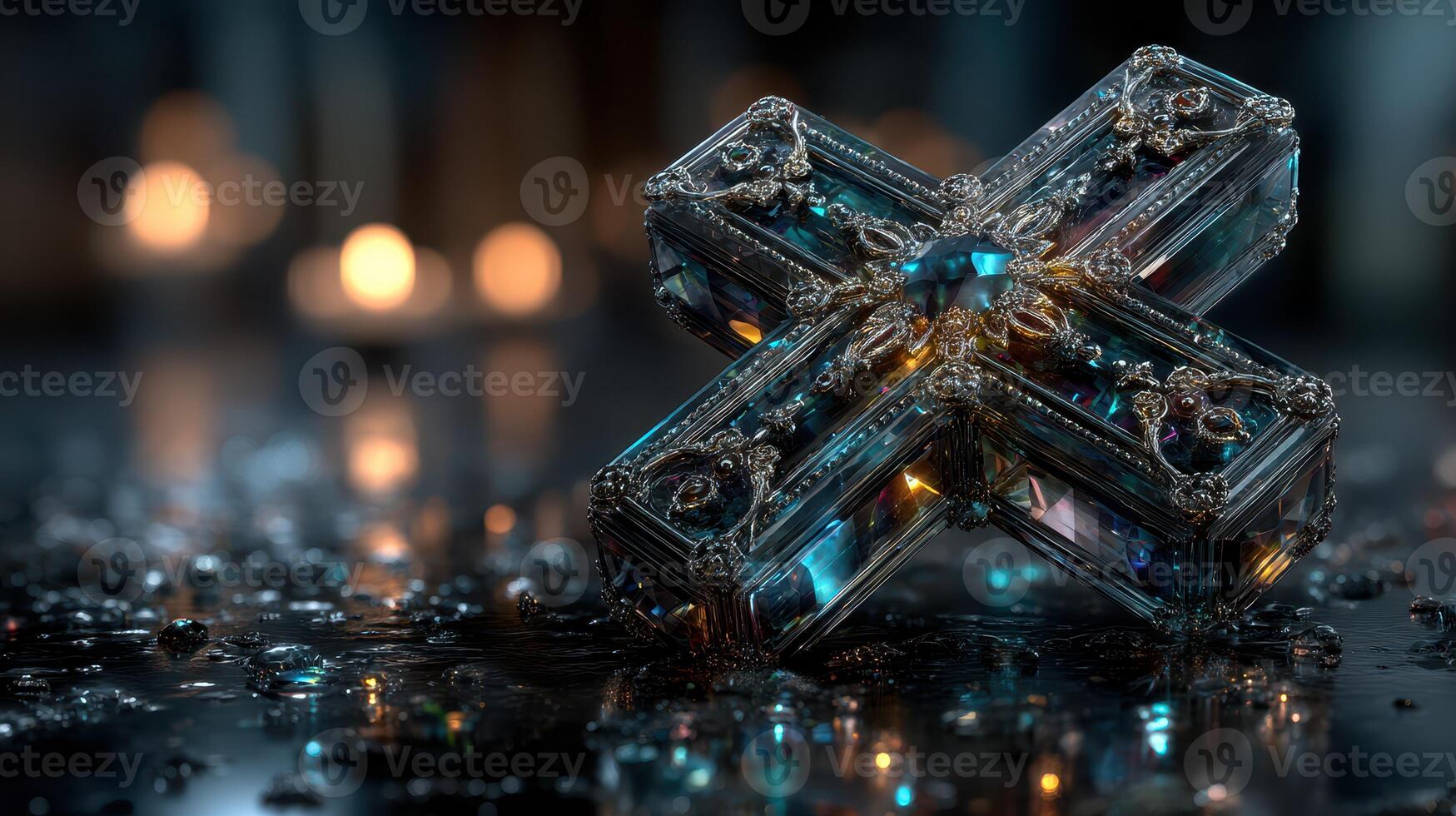 Decorative crystal cross shines with vibrant colors and intricate designs, illuminated by soft candlelight in a serene setting photo
