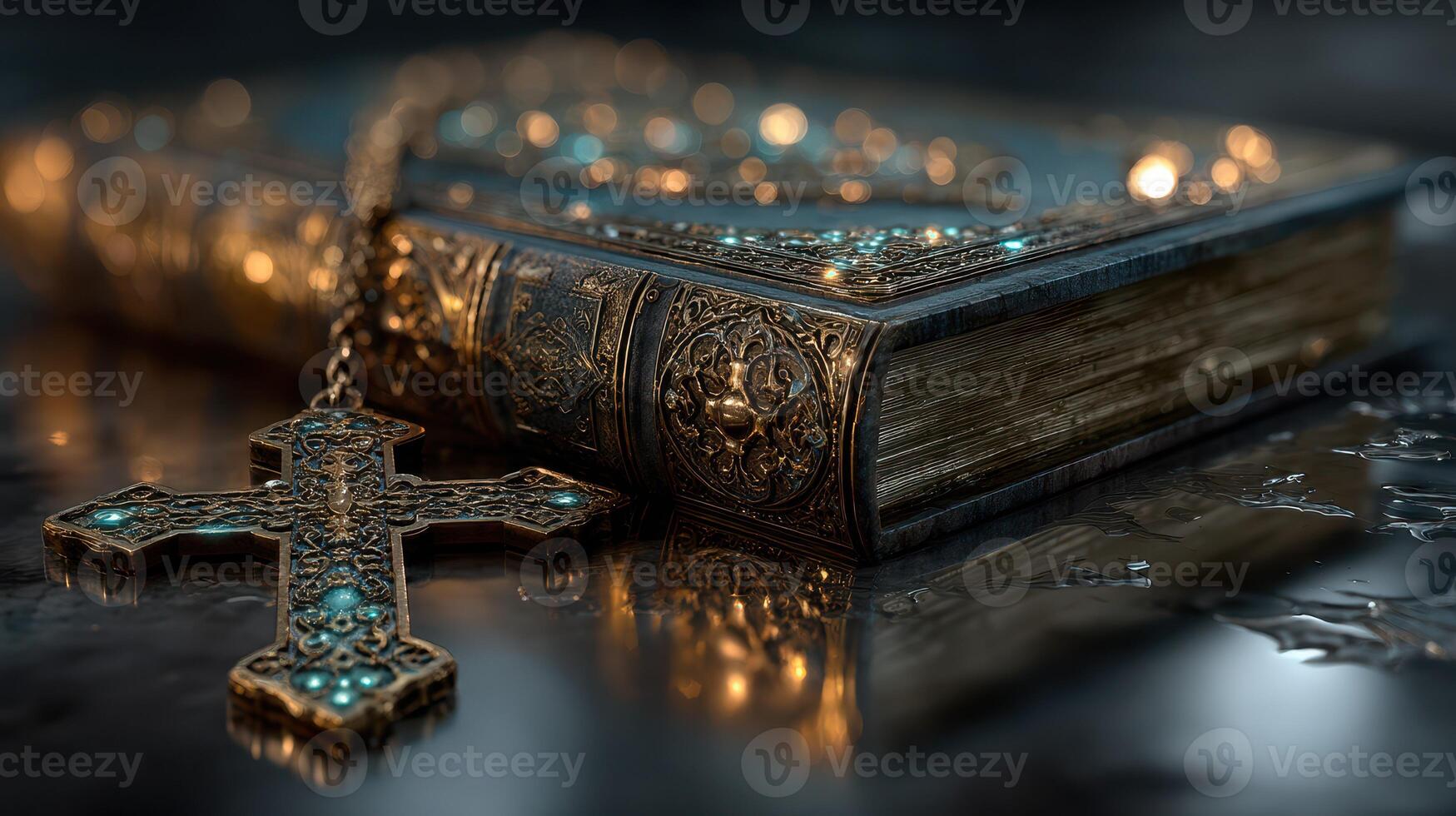 Intricately designed ancient book with a cross lying beside it against a dark, reflective surface photo