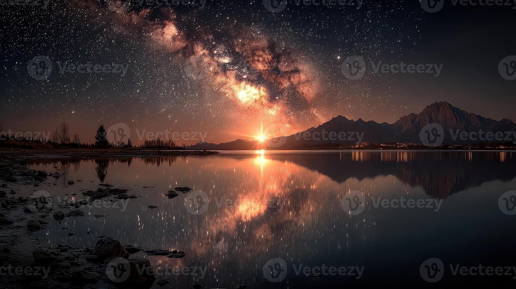 Stunning night sky with the Milky Way reflecting over a serene lake at twilight in a mountainous landscape photo