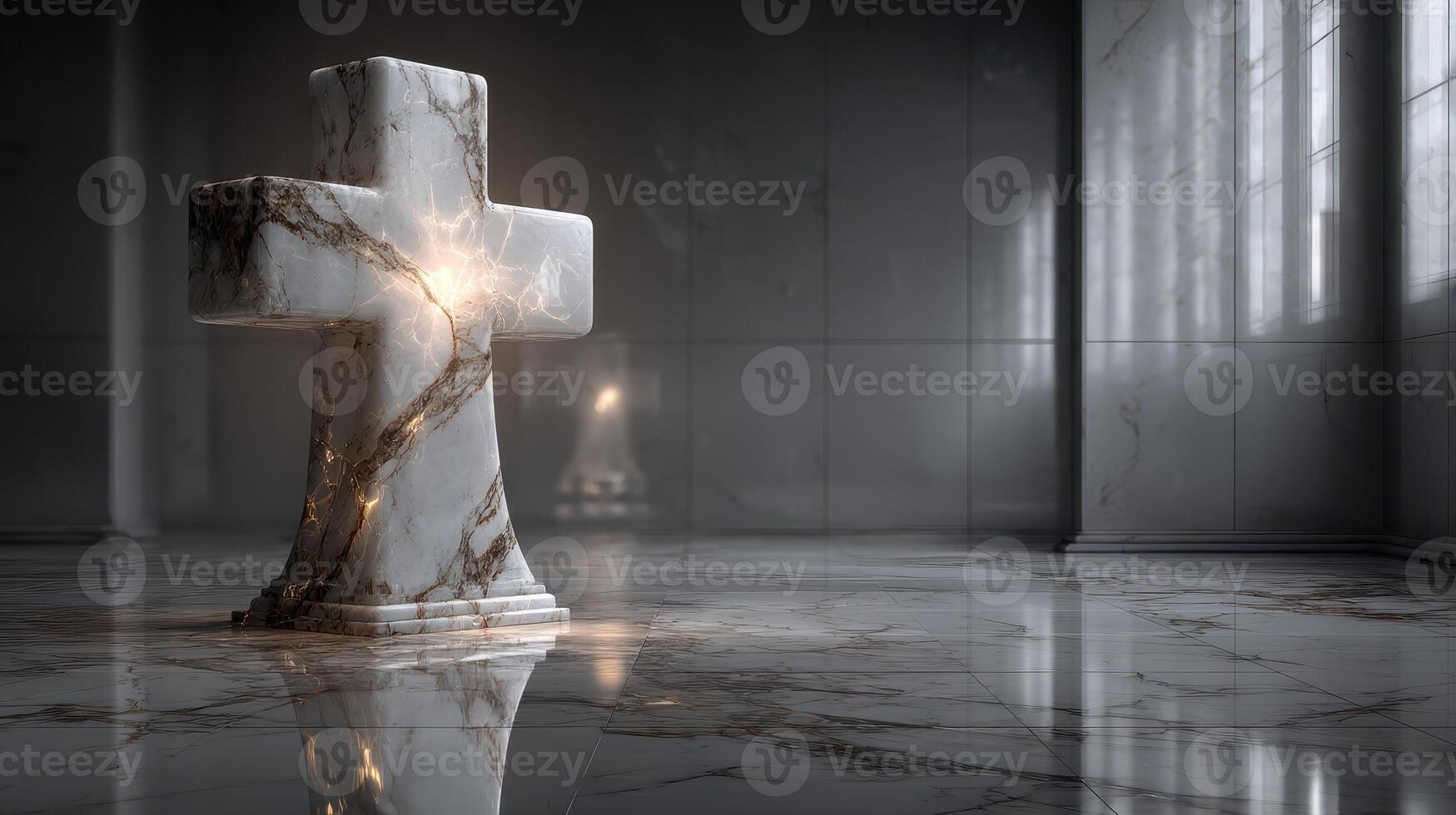 Elegant marble cross illuminated in a serene, modern chapel with reflective surfaces and soft lighting photo