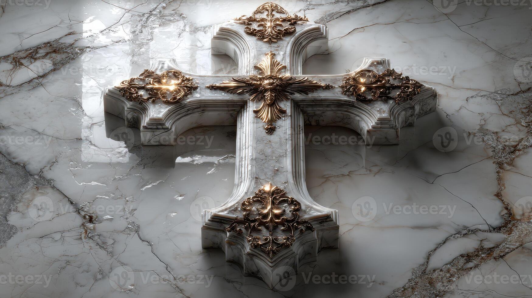 Intricate decorative cross carved from marble with golden accents reflecting light in a serene setting photo