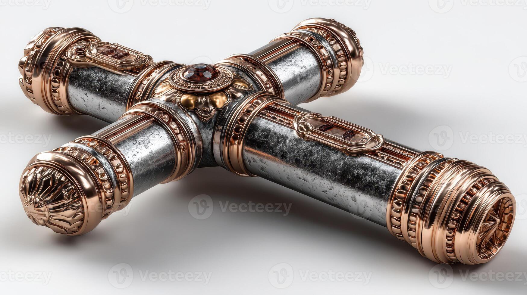 Ornate metallic cross with intricate designs displayed on a white background, showcasing craftsmanship and religious significance during daylight photo