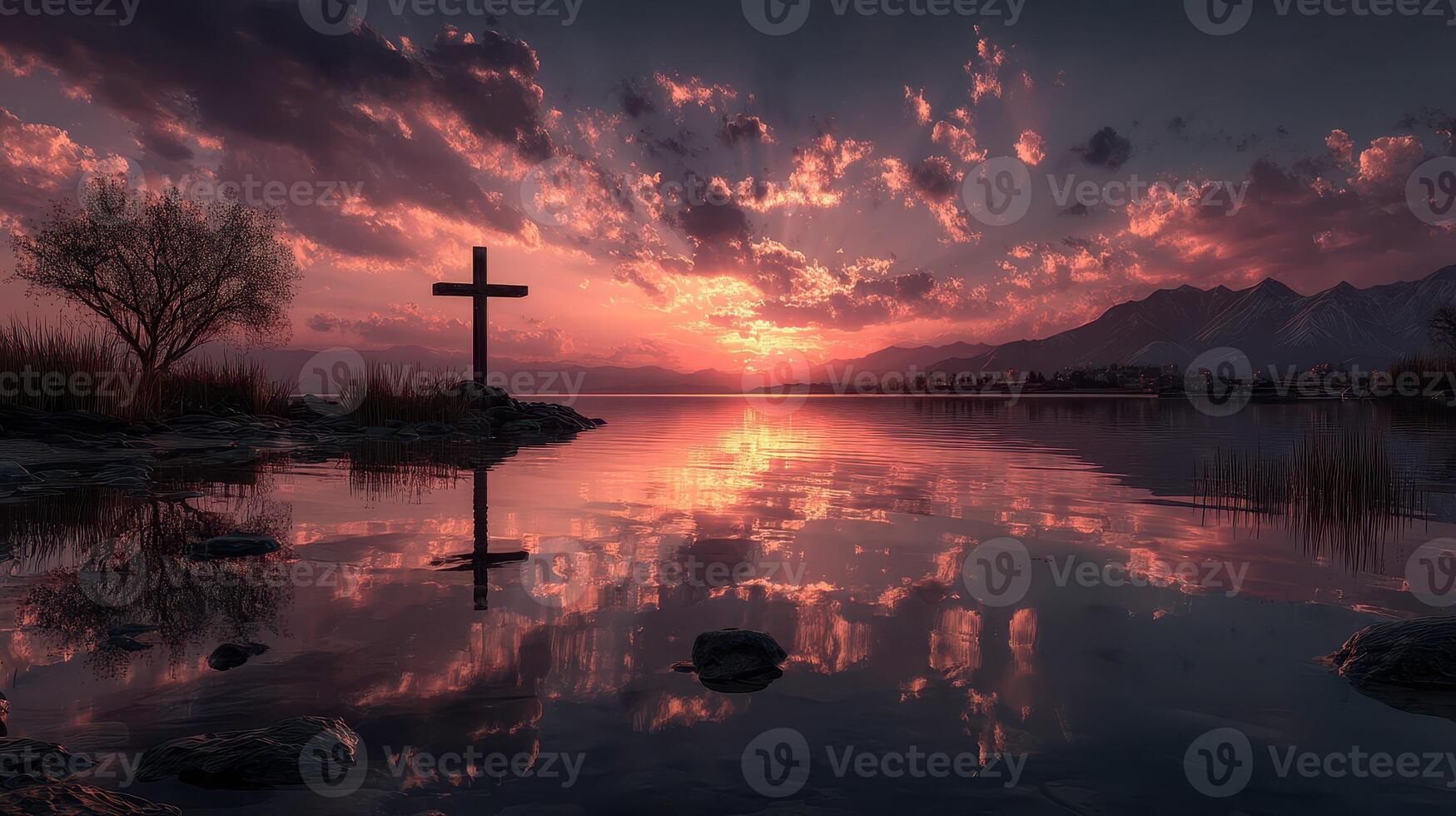 Serene sunset at the lake with a cross reflecting in the water surrounded by mountains and clouds photo