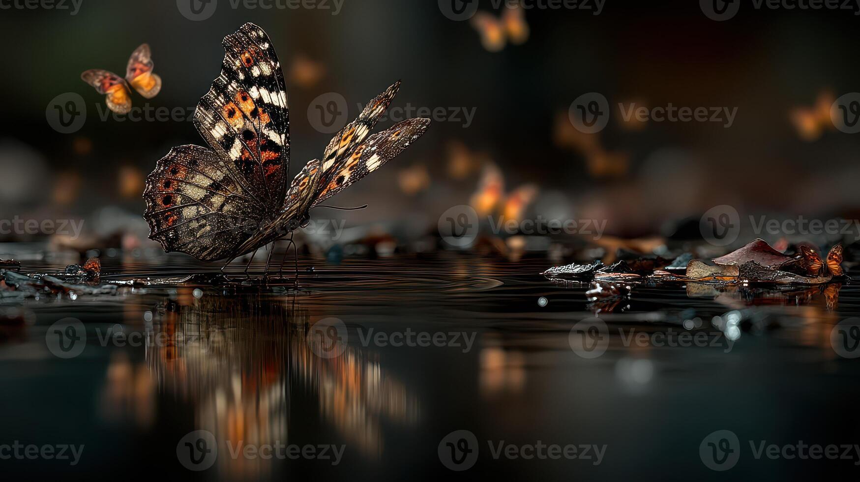Colorful butterflies gathering near still water on a serene evening with reflections of nature photo