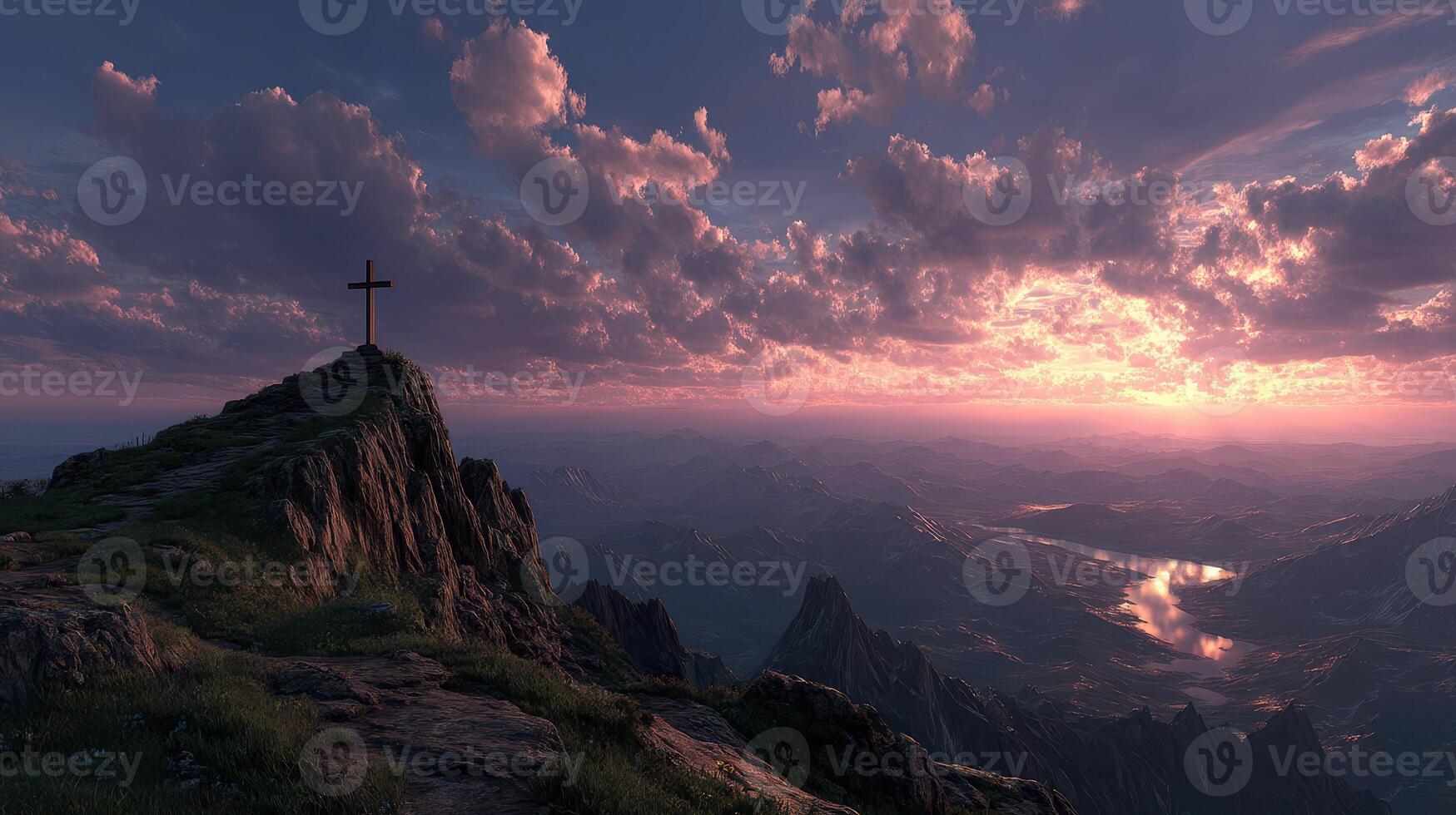 Majestic sunrise over mountains with a cross atop a rocky peak, casting a serene glow in the sky photo