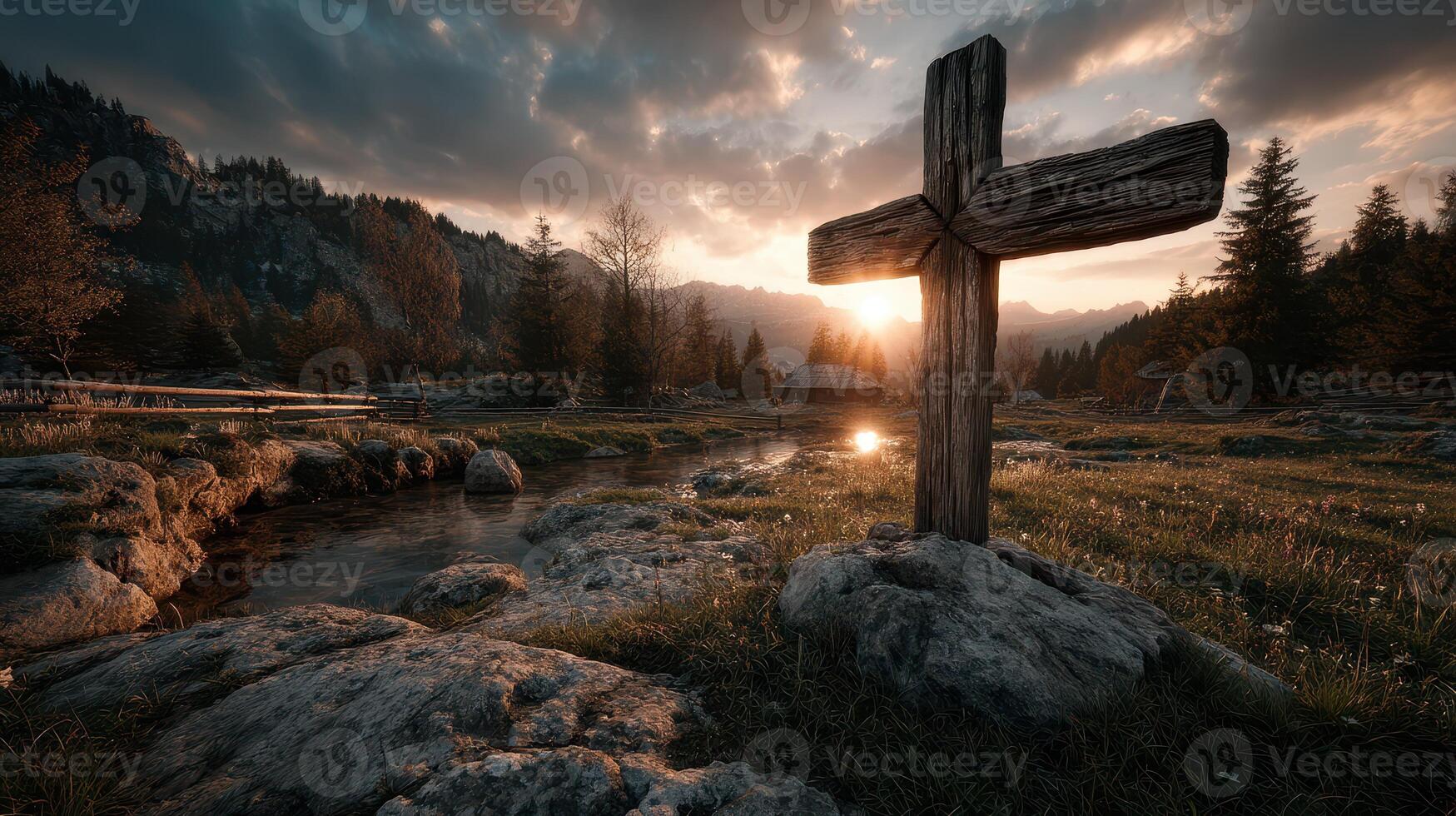 Sunset over a tranquil meadow with a wooden cross near a stream in the mountains photo
