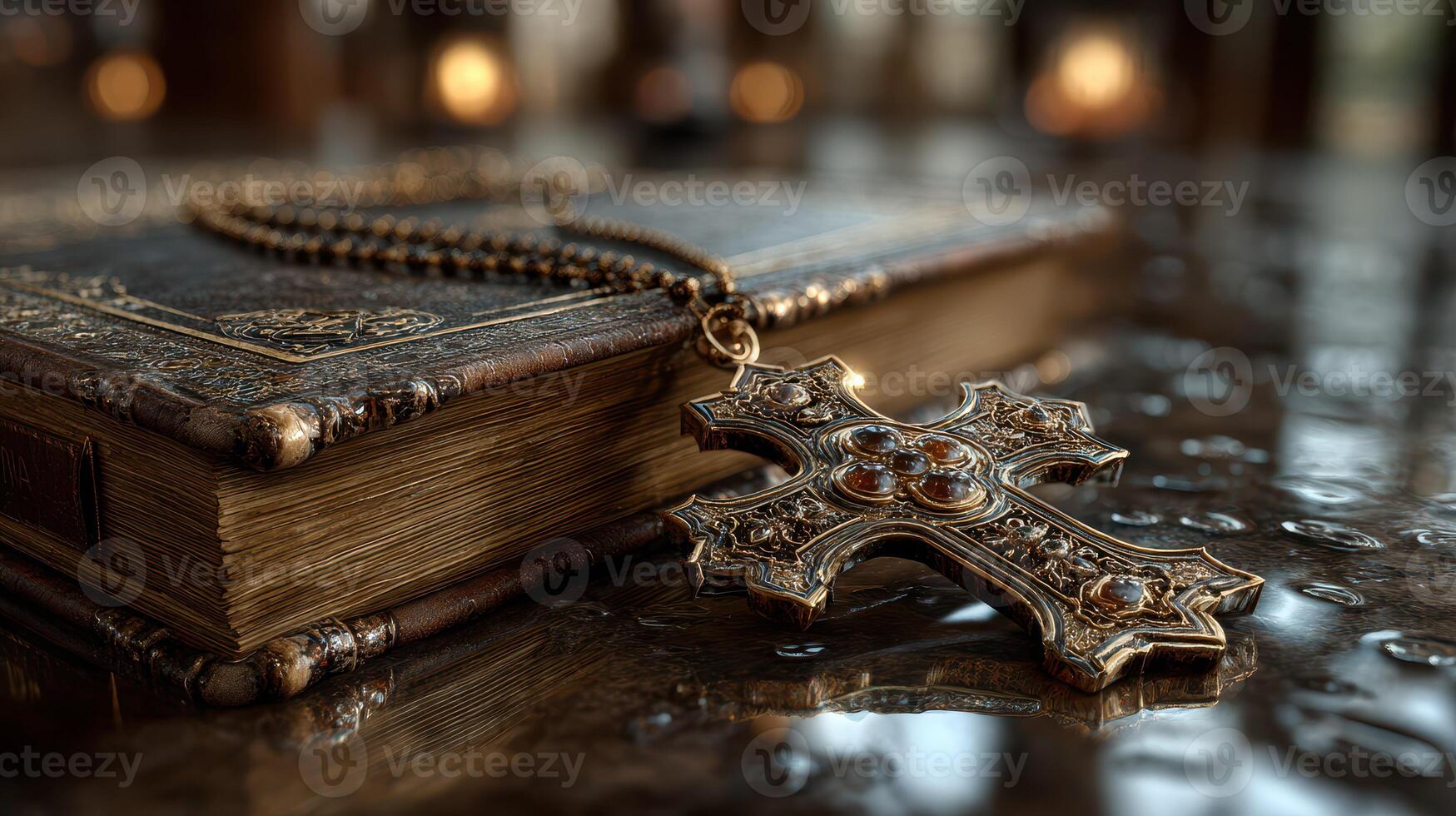 Antique cross and ornate book resting on a reflective surface in a dimly lit environment with warm tones photo