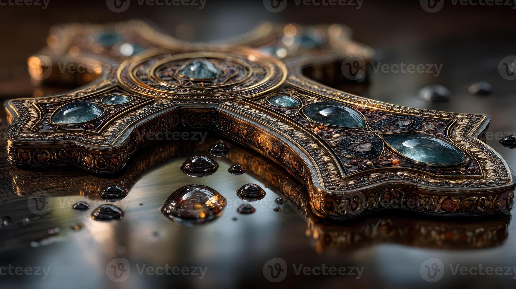Intricately designed cross adorned with jewels resting on a reflective surface with water droplets photo
