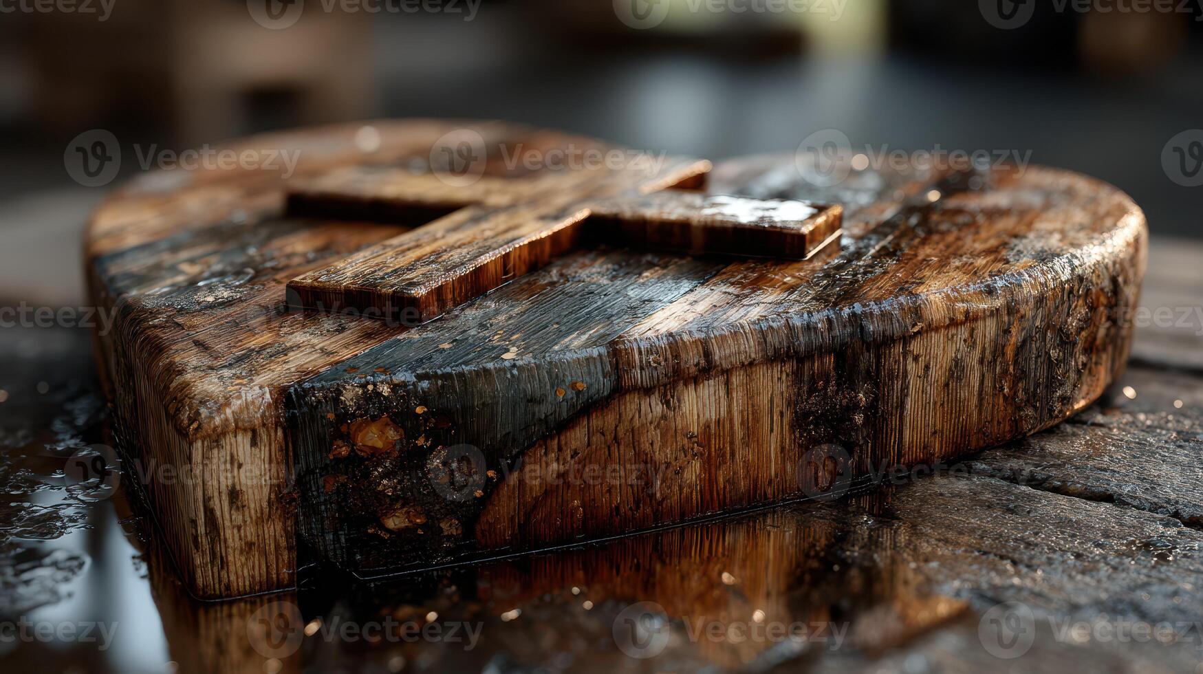 Heart-shaped wooden decor with a cross design placed on a rustic table showcasing natural textures and details photo