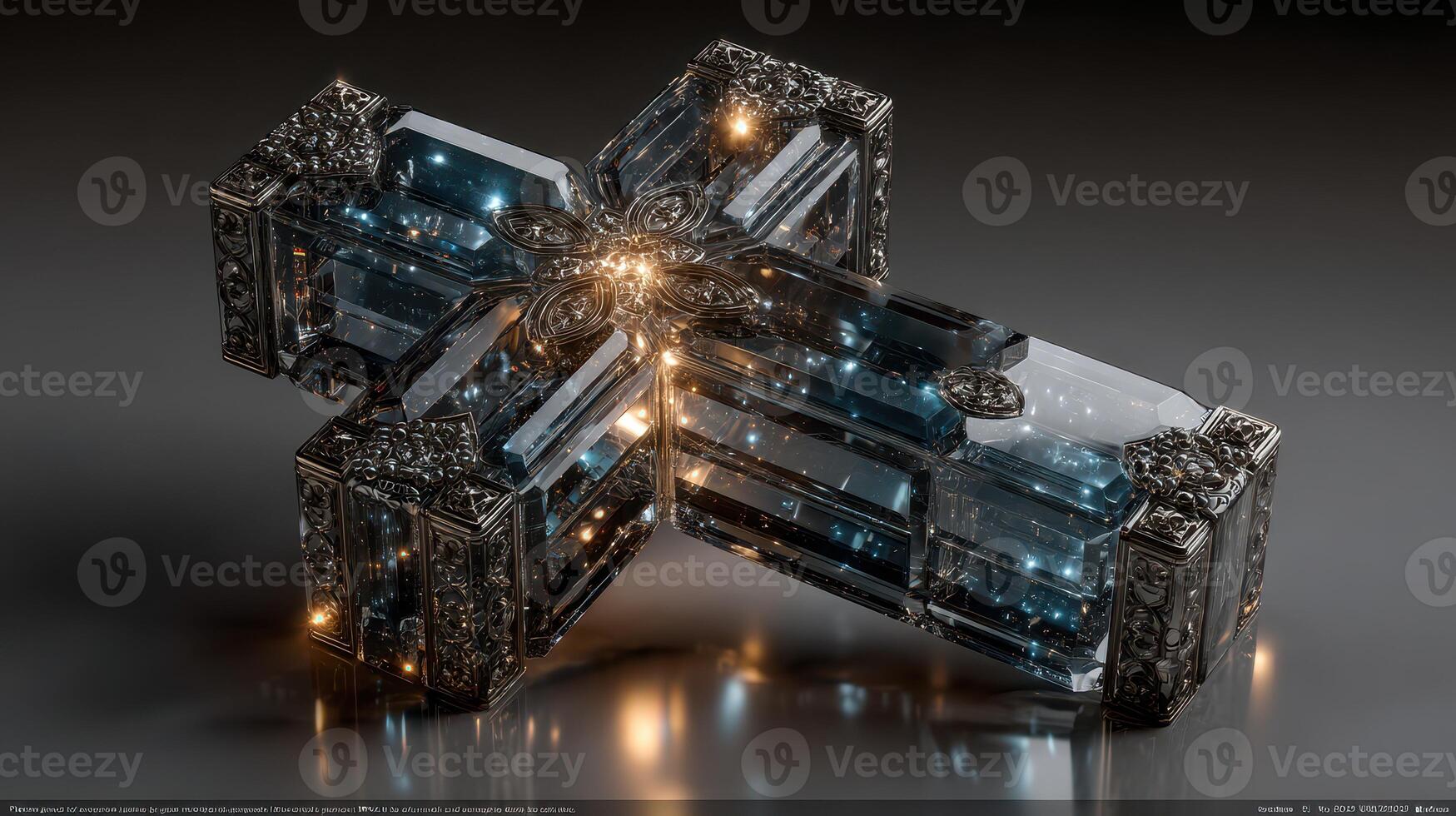 Intricate crystal cross design with detailed engravings and luminous highlights captured in a dark setting photo