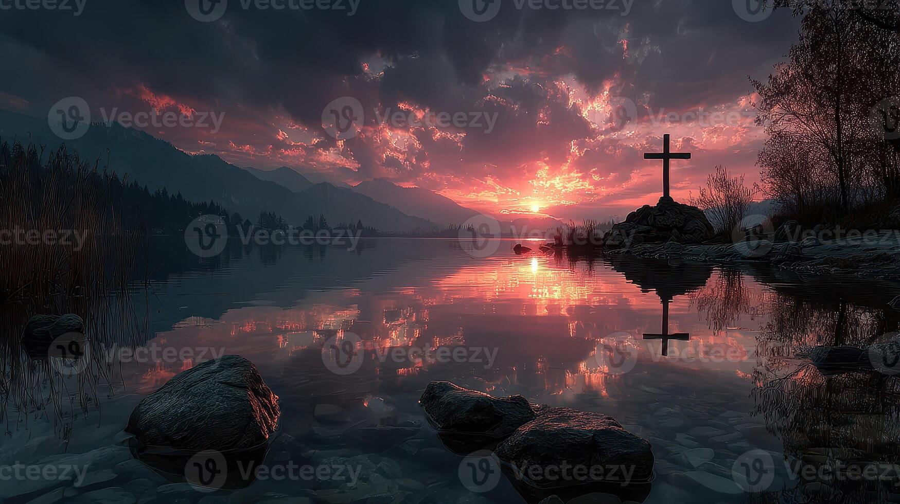 Sunset view over tranquil lake with a cross reflecting in the water surrounded by mountains and a colorful sky photo