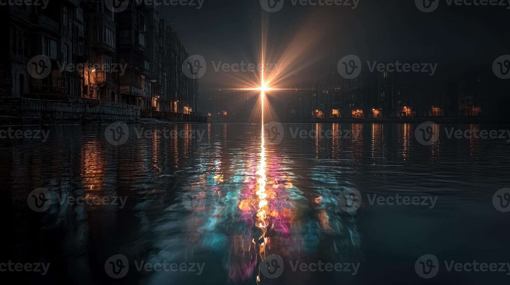Dazzling light reflection over calm water in a quiet urban setting at night photo