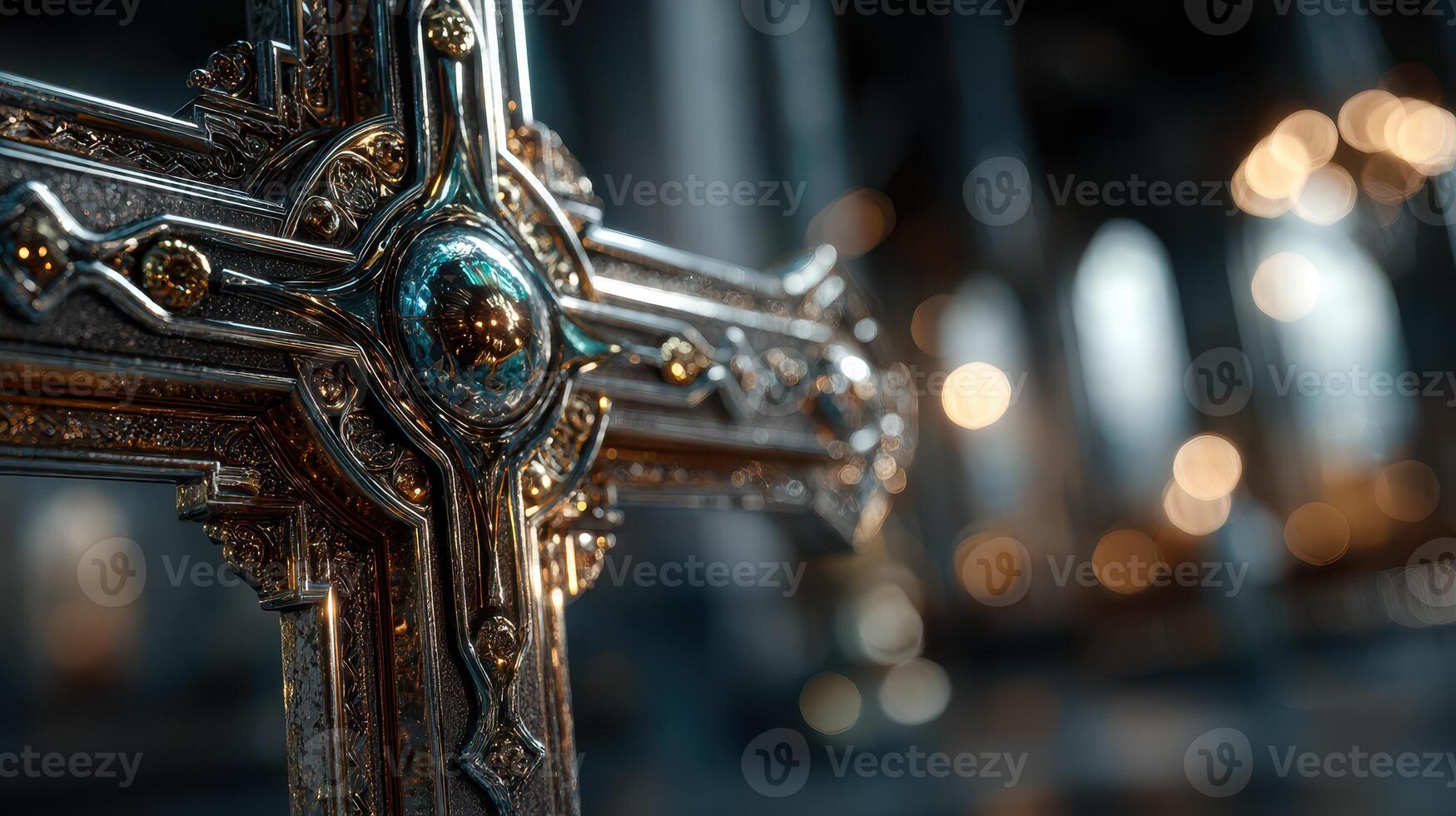 Intricate silver cross with detailed design illuminated by soft light in a sacred space photo