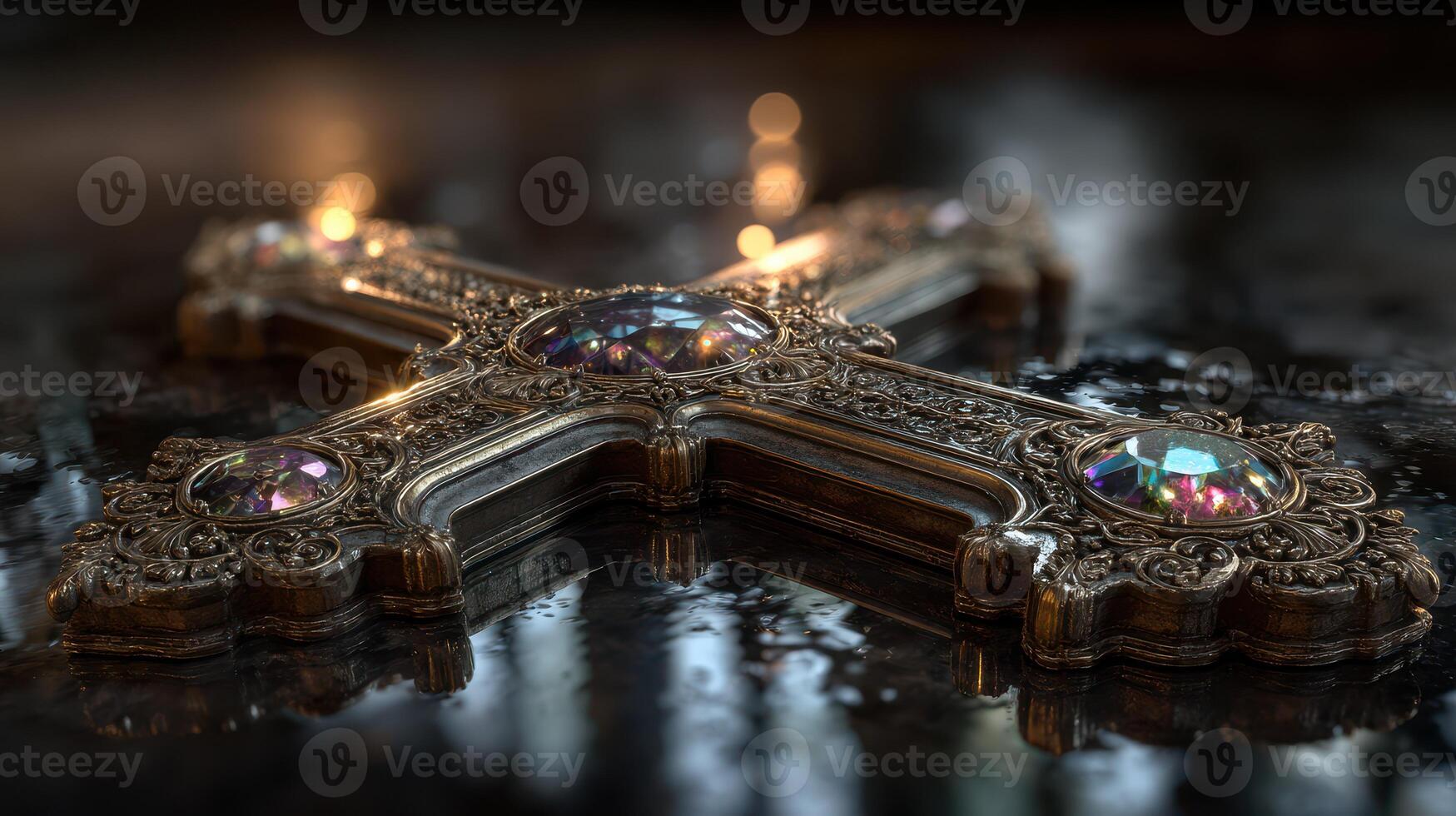 Intricately designed cross with gemstones resting on a reflective surface in a dimly lit environment photo