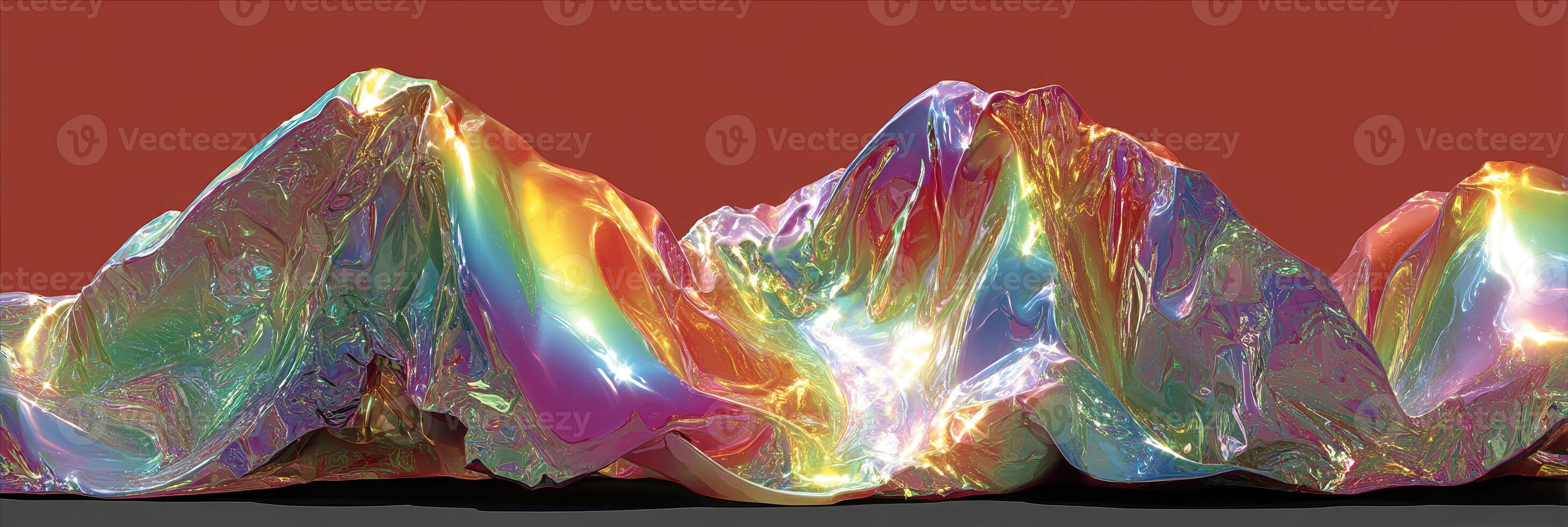 Brilliant iridescent mountains shimmer under bright light in a vibrant red backdrop during a creative art exhibition photo