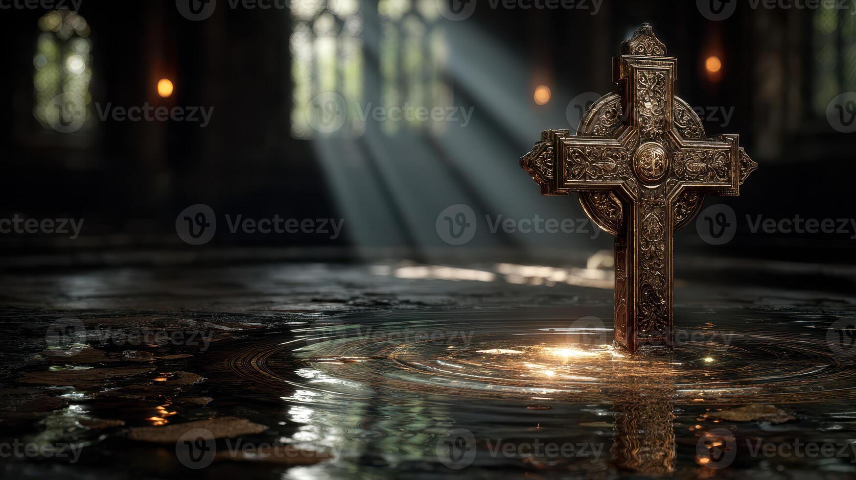 Celtic cross illuminated by soft light reflecting in a tranquil water surface within an ancient stone structure photo